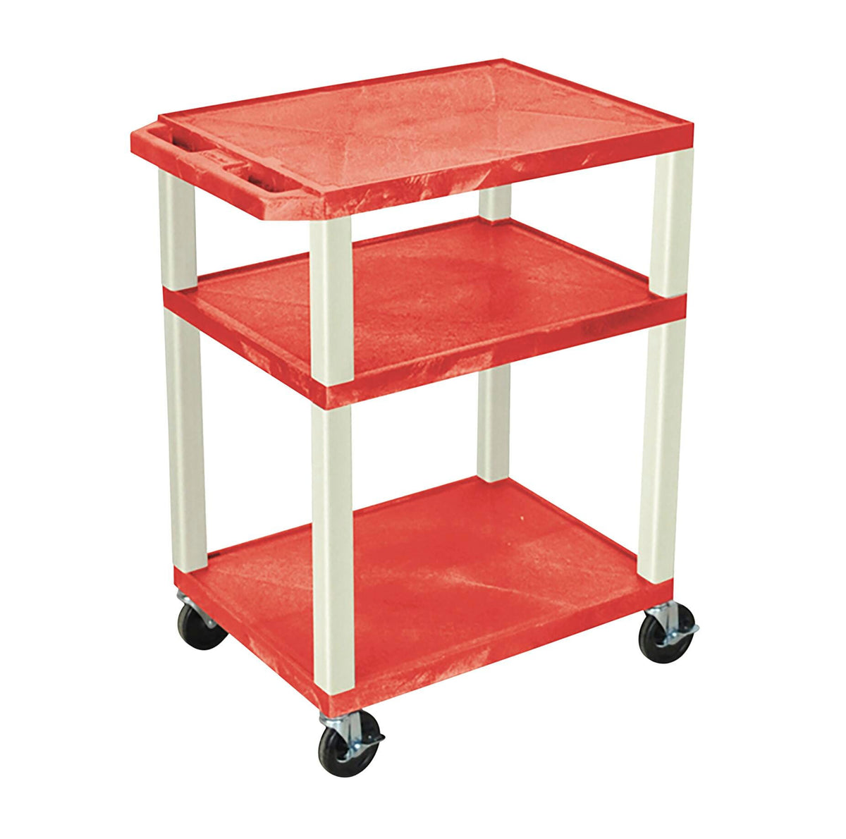 CART - LUXOR 3 SHELF 24X18X34 TUFFY CART WITH POWER - RED SHELVES - PUTTY LEGS