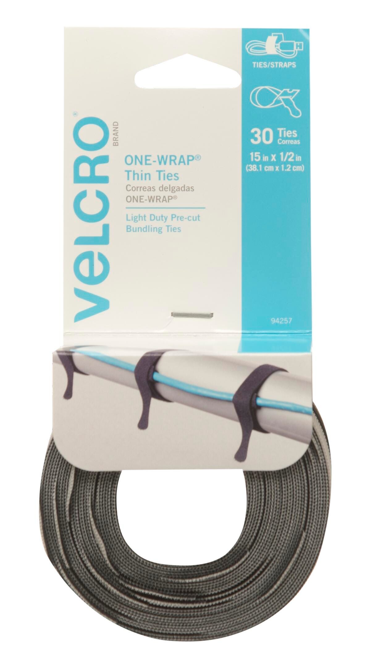 TIES VELCRO ONE-WRAP 1/2 IN X 15 IN BLACK/GRAY PACK OF 30
