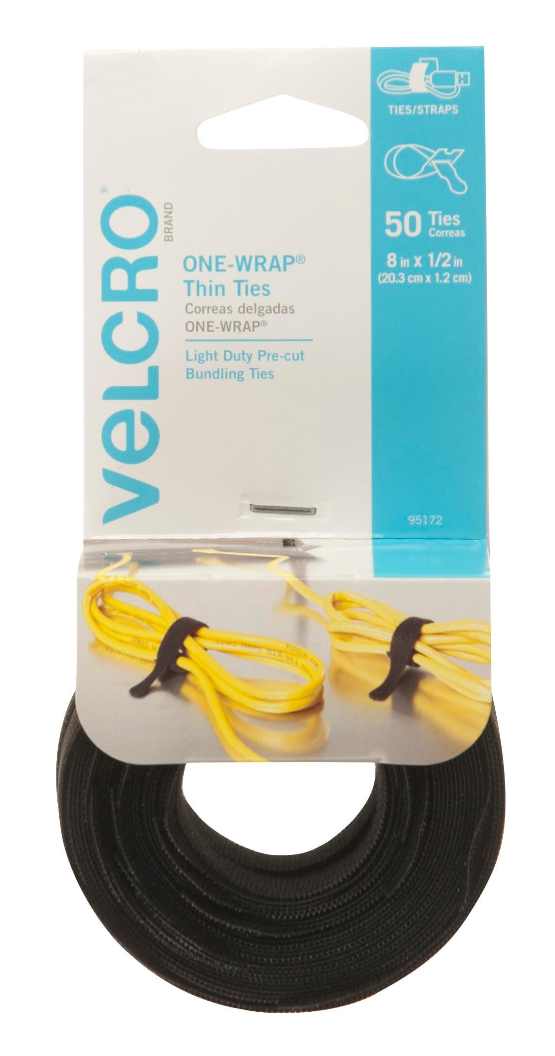 TIES VELCRO ONE-WRAP 1/2 IN X 8 IN BLACK PACK OF 50