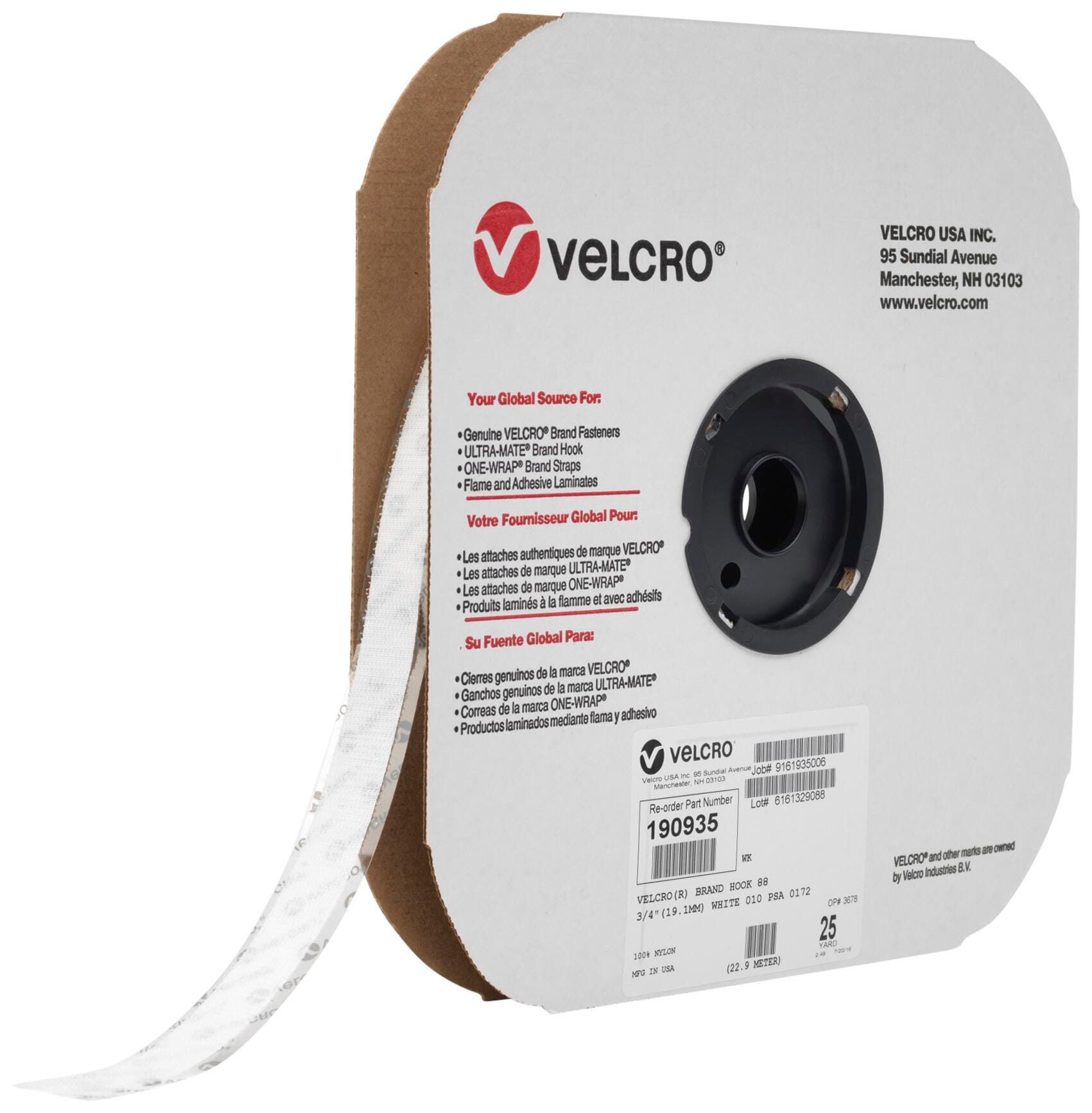 TAPE ROLL VELCRO STICKY BACK 75 FT X 3/4 IN HOOK SIDE ONLY WHITE