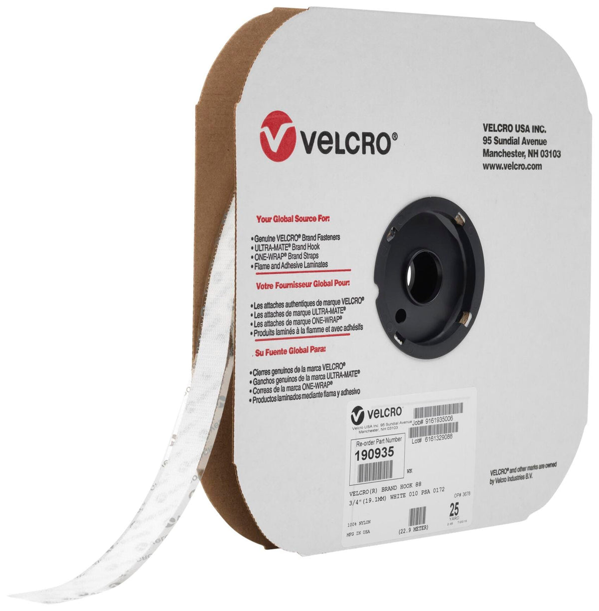 TAPE ROLL VELCRO STICKY BACK 75 FT X 3/4 IN HOOK SIDE ONLY WHITE