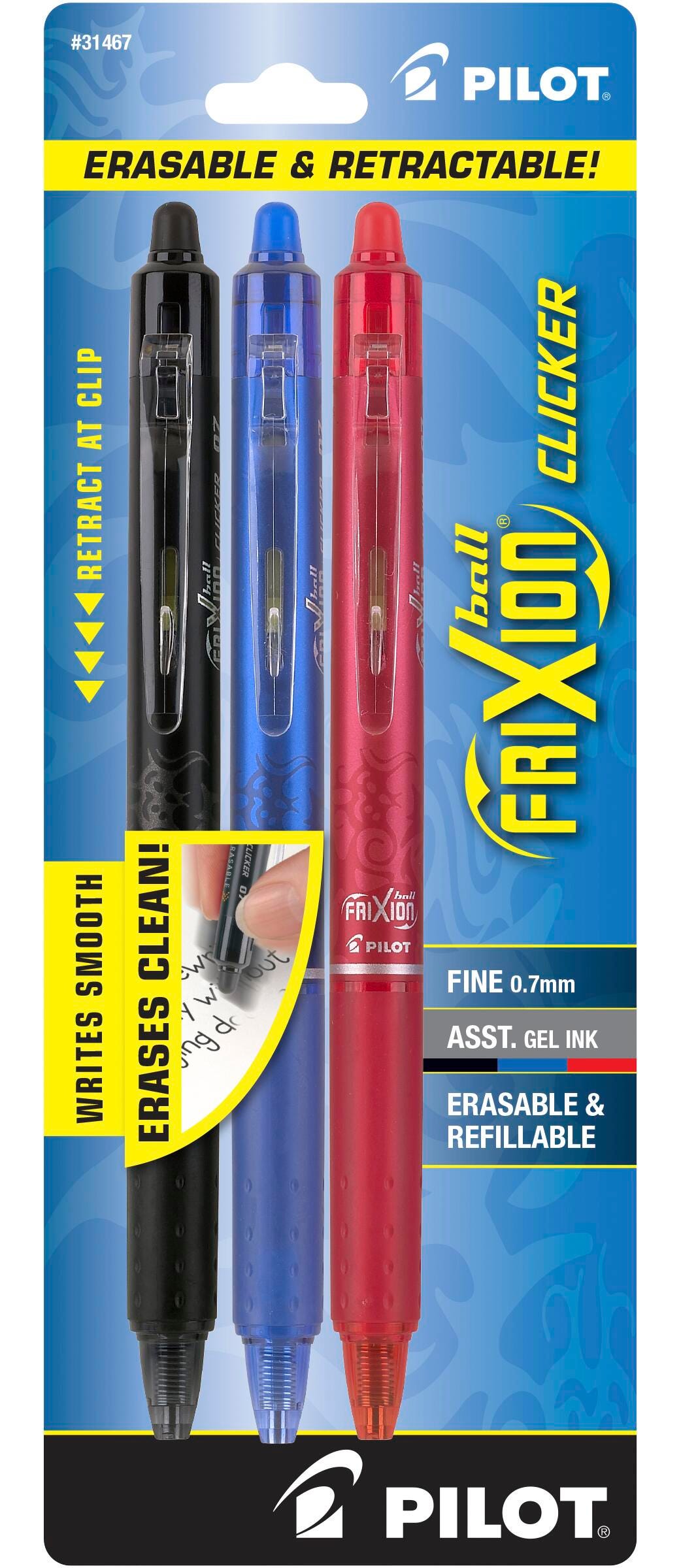PEN FRIXION CLICKER RT 0.7MM BLACK/BLUE/RED SET OF 3