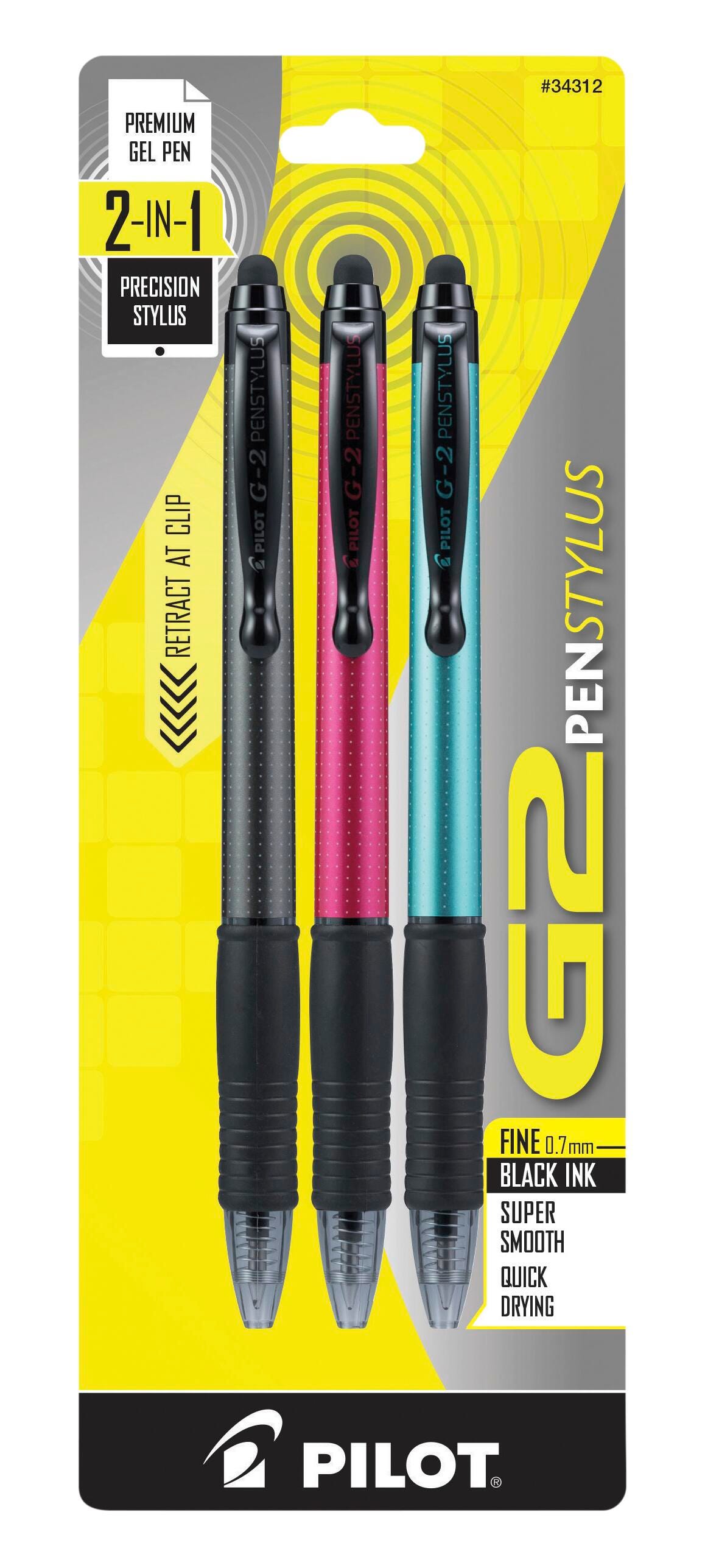 PEN PILOT G2 RT STYLUS GRAY/RED/TURQ PACK OF 3