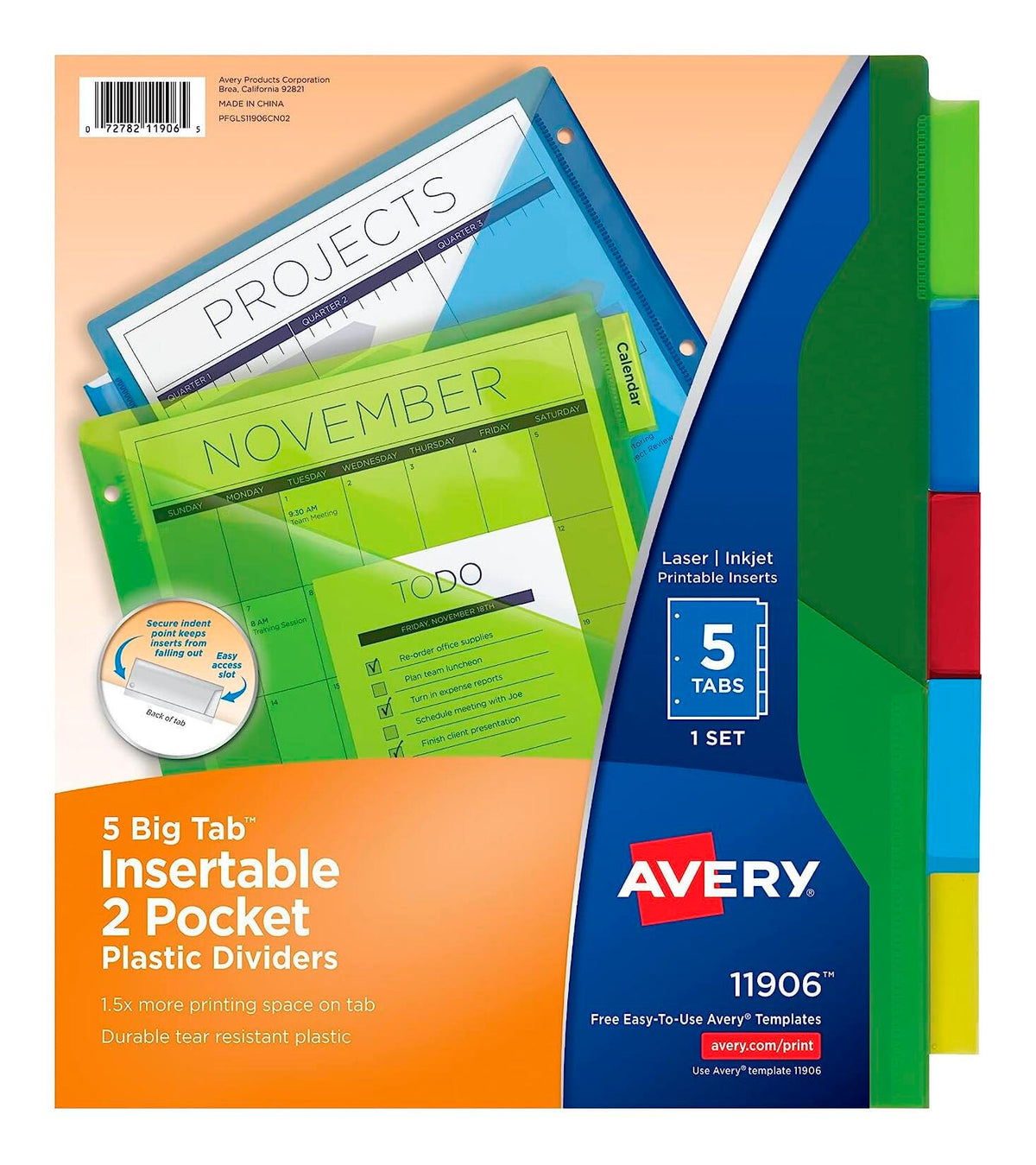 DIVIDERS PLASTIC INSERTABLE DOUBLE POCKET 5-TAB ASST AVE11906