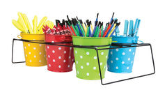CADDY BUCKET CLASSROOM W/RACK POLKA DOTS SET OF 6