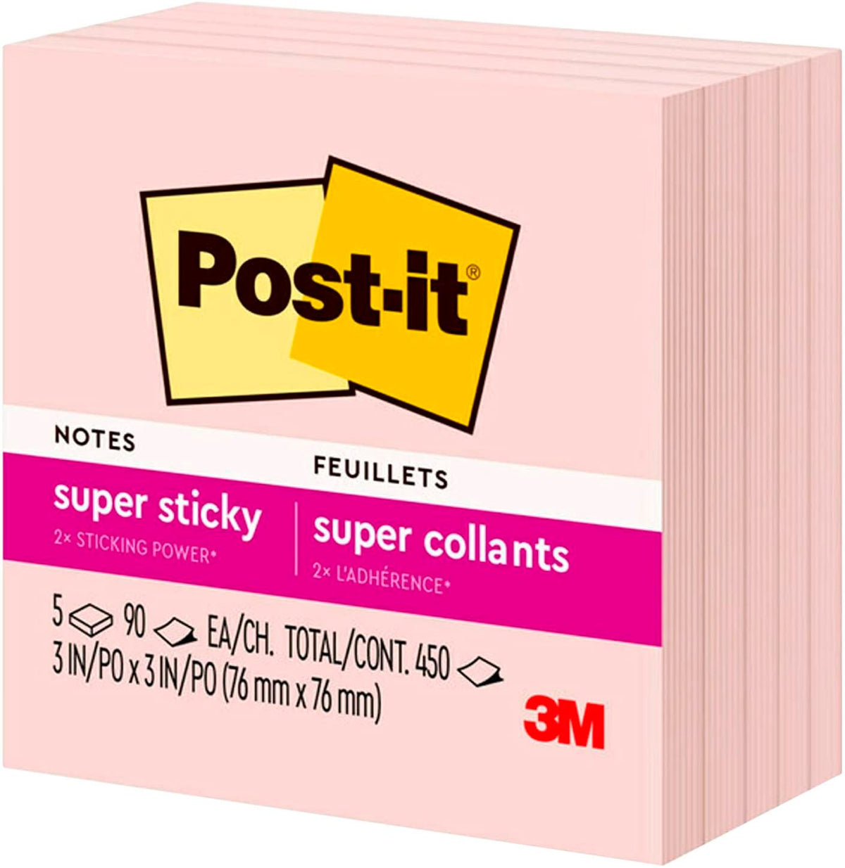 NOTES POST-IT 3X3 IN SUPER STICKY PINK SALT PACK OF 5