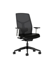 CHAIR - AFFORDABLE INTERIOR SYSTEMS - CHELSEA TASK CHAIR - 26-1/2 W X 26-1/2 D X 44-1/2 H IN - BLACK BASE - WHITE BACK FRAME AND ARMS - BLACK MESH BACK - BLACK UPHOLSTERED SEAT