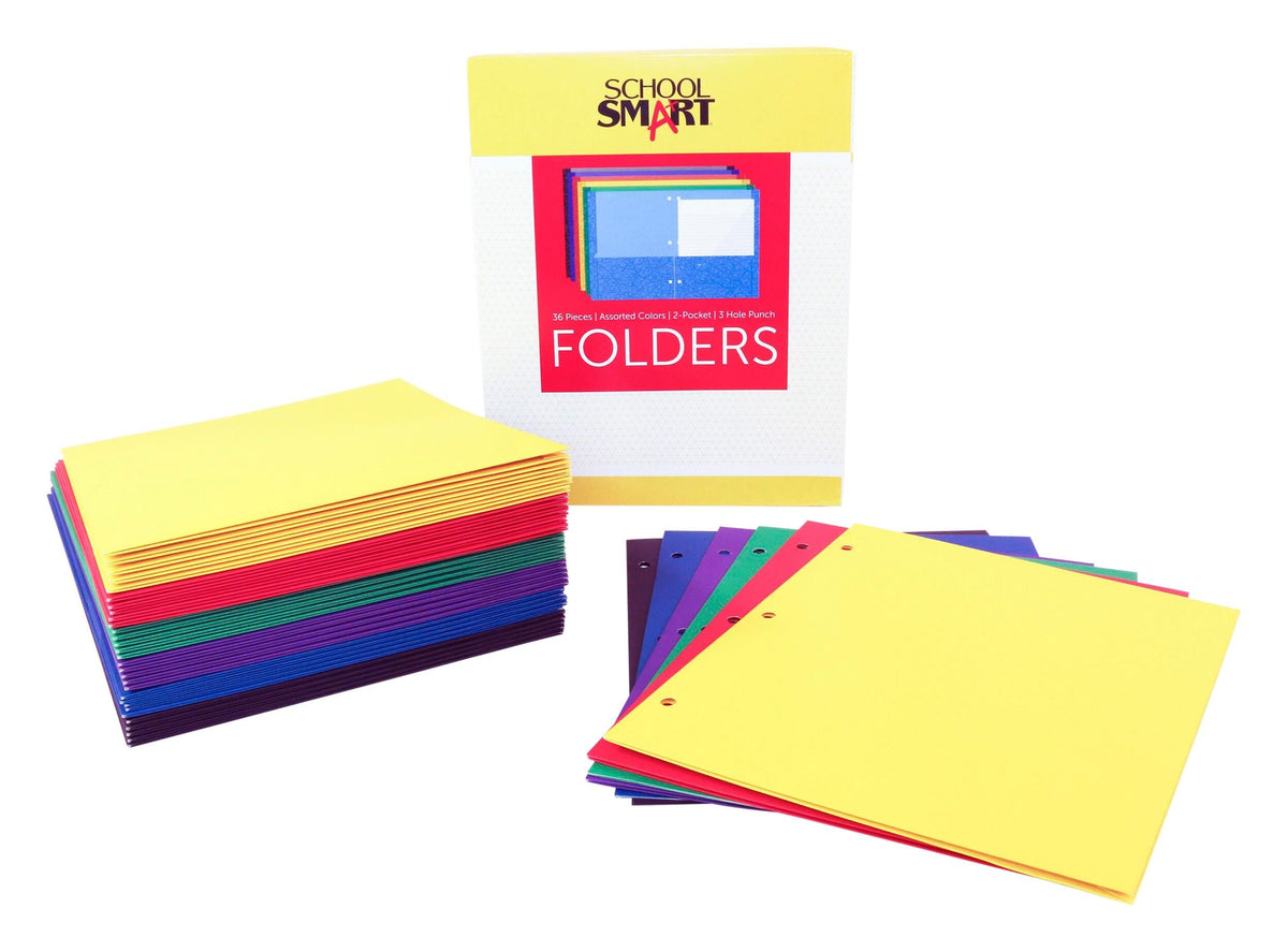FOLDER 2-POCKET 3HP ASST COLORS PACK OF 36 - SCHOOL SMART