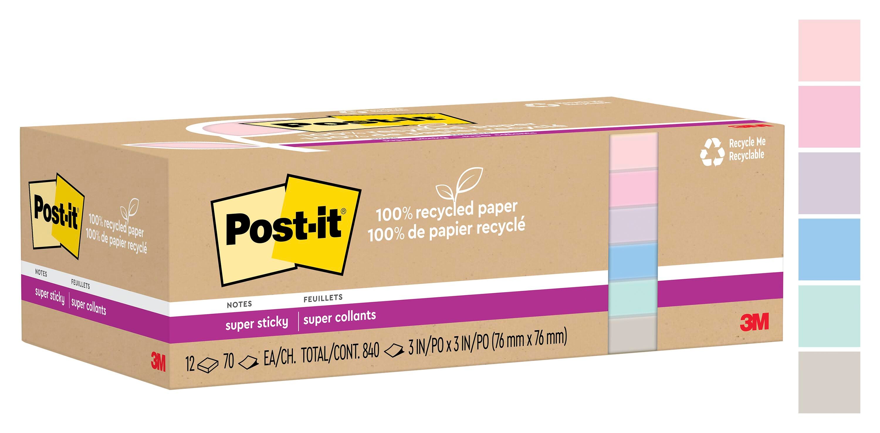 POST-IT NOTE SUPER STICKY RECYC 3X3 WNDRLST PASTELS PACK OF 12