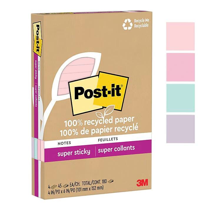 POST-IT NOTE SUPER STICKY LINED RECYC 45SHTS 4X6 WNDRLST PASTELS PACK OF 4