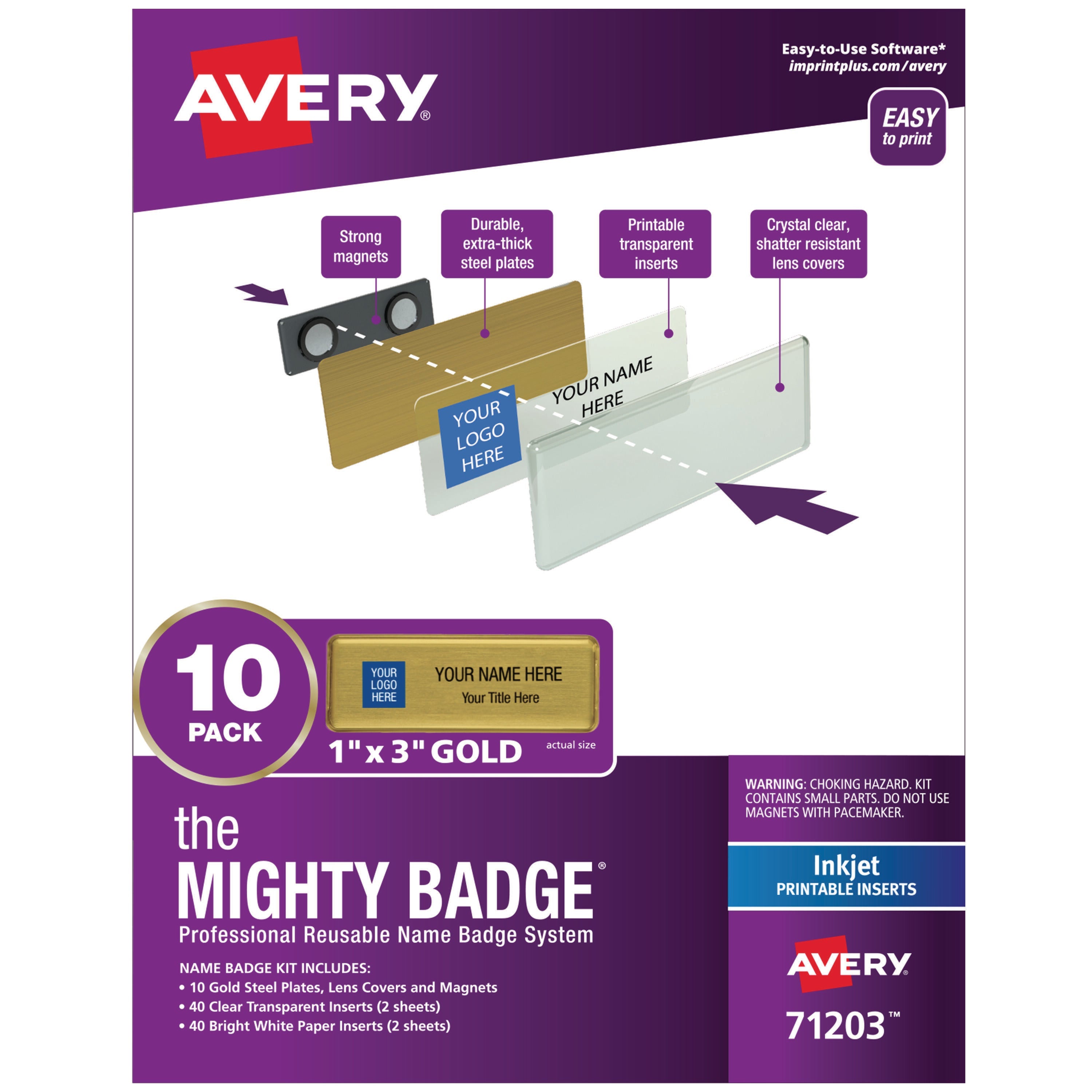 VISITOR ACCESS - AVERY REUSABLE NAME BADGE SYSTEM - 1X3 - INKJET PRINT - GOLD