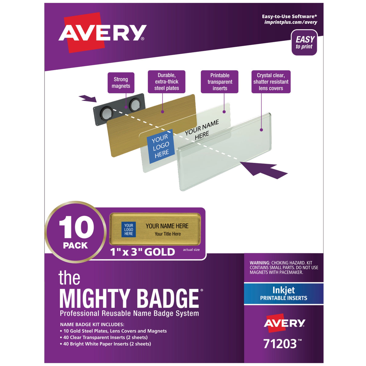 VISITOR ACCESS - AVERY REUSABLE NAME BADGE SYSTEM - 1X3 - INKJET PRINT - GOLD