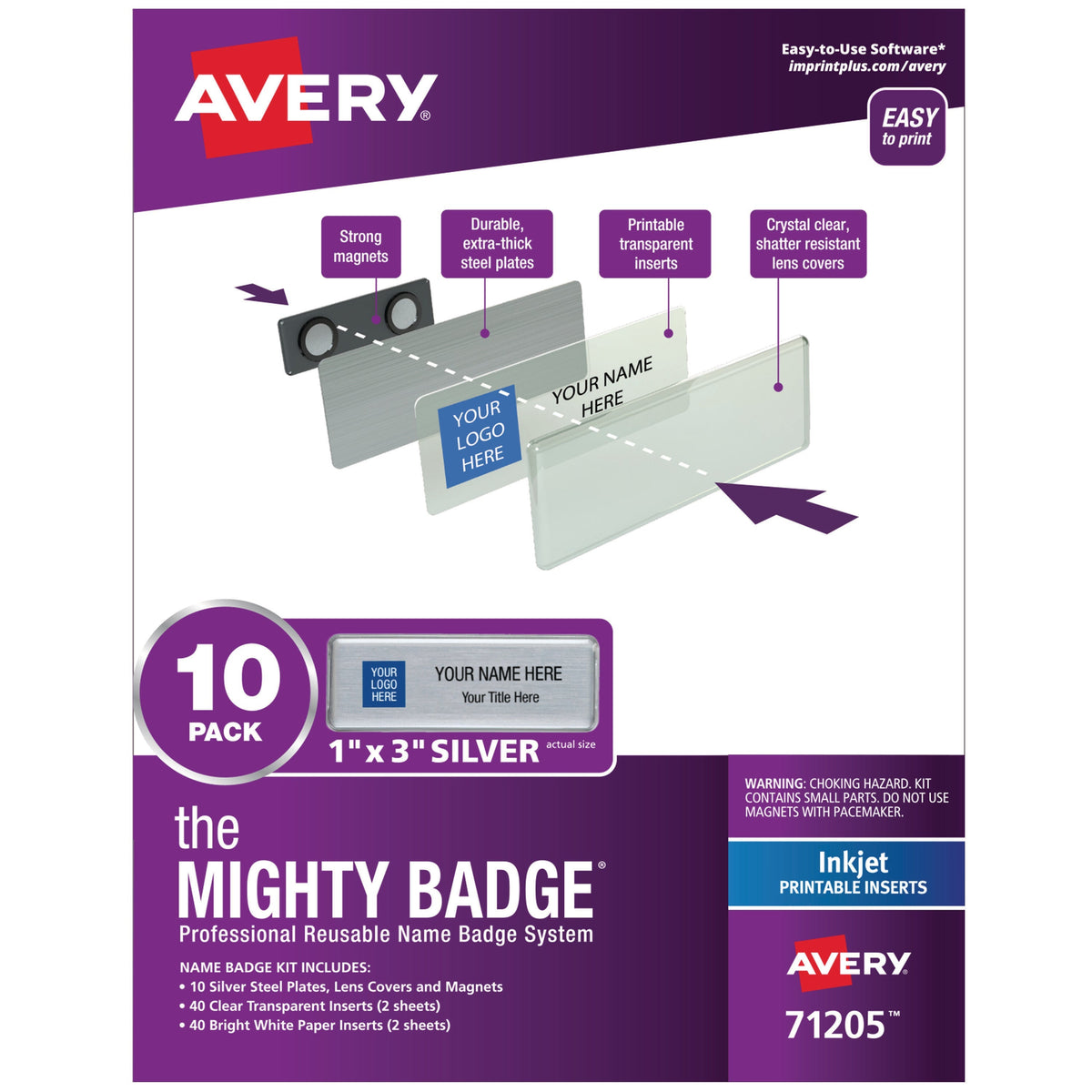 VISITOR ACCESS - AVERY REUSABLE NAME BADGE SYSTEM - 1X3 - INKJET PRINT - SILVER