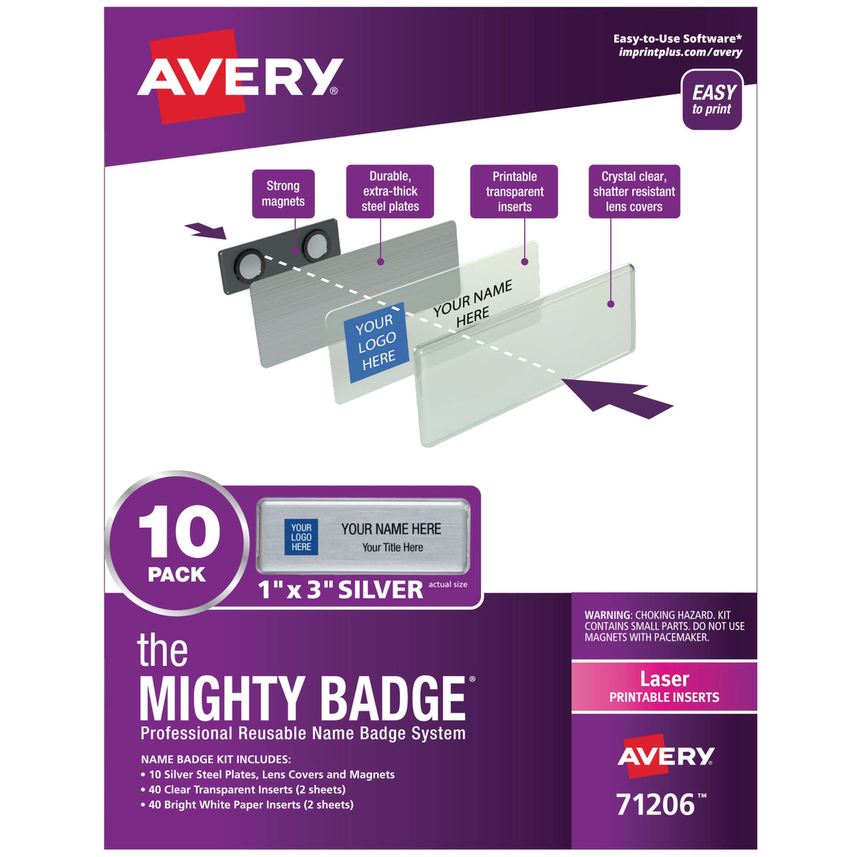 VISITOR ACCESS - AVERY REUSABLE NAME BADGE SYSTEM - 1X3 - LASER PRINT - SILVER
