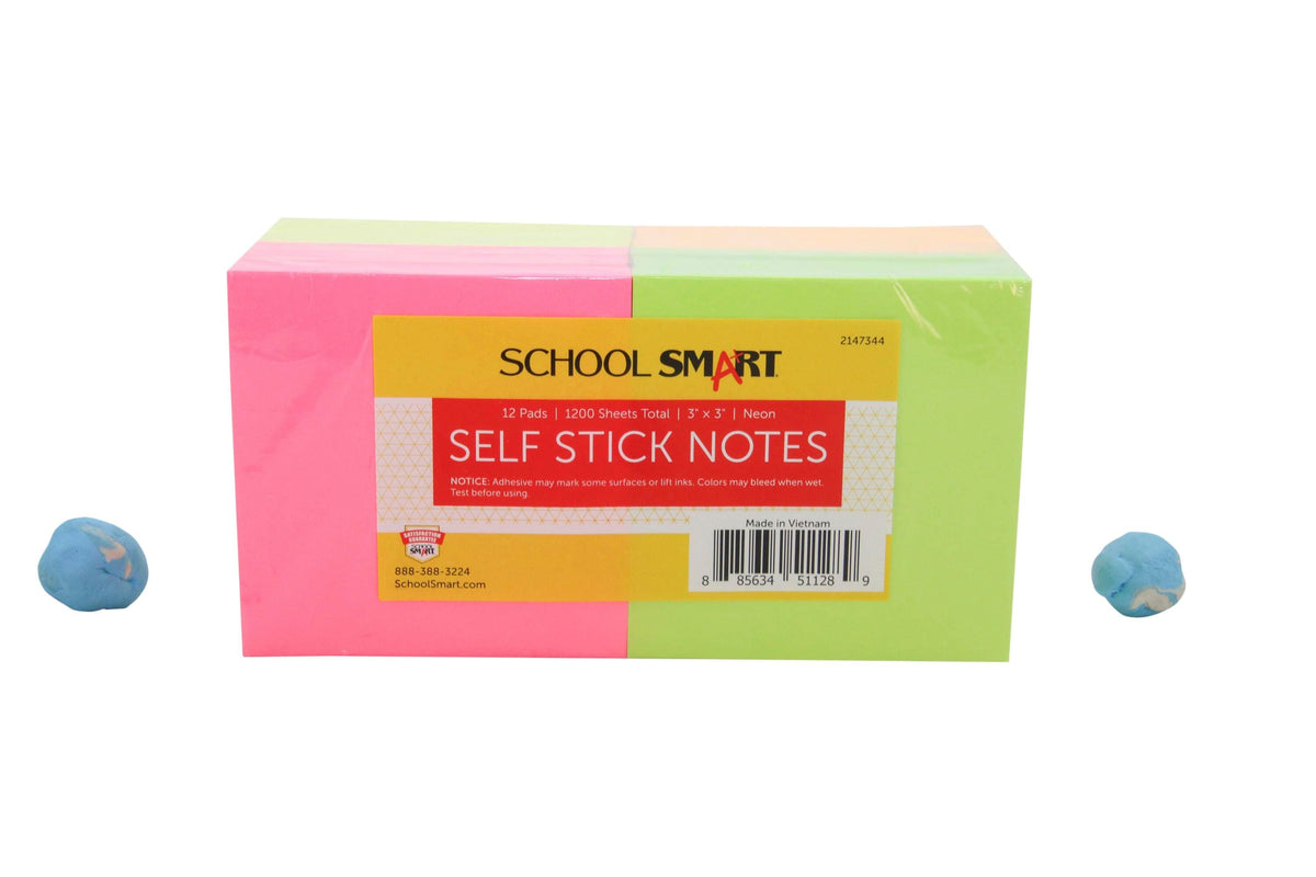 NOTES SELF STICK 3X3IN ASST NEON 100 SHEET PAD PACK OF 12 - SCHOOL SMART