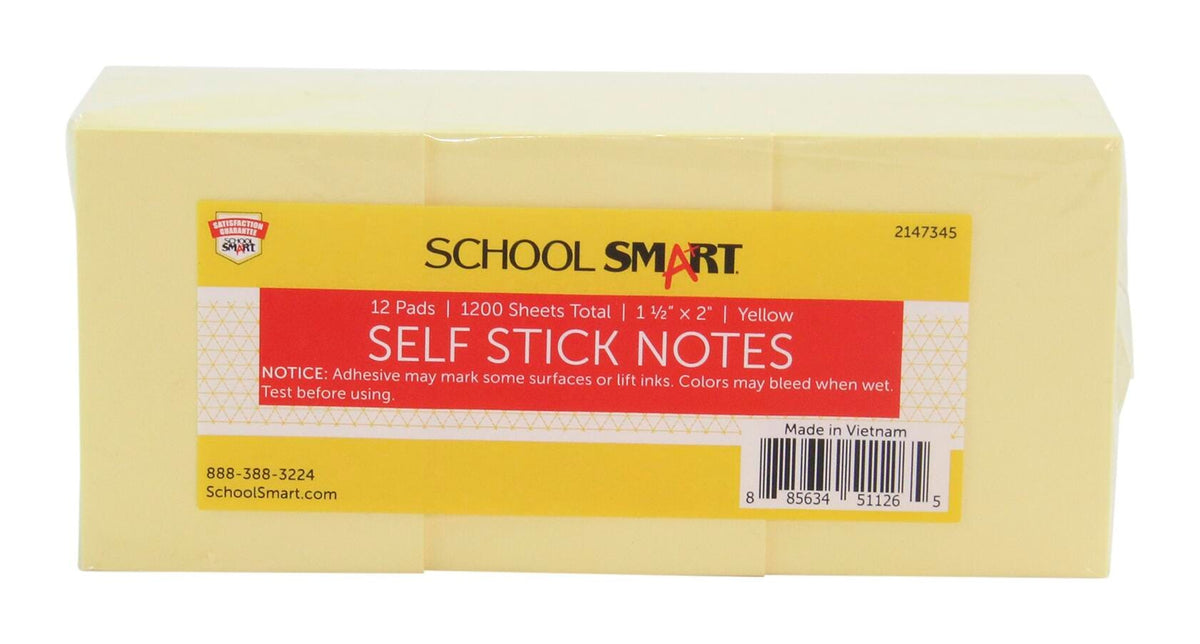 NOTES SELF STICK 1.5X2IN YELLOW 100 SHEET PAD PACK OF 12 - SCHOOL SMART