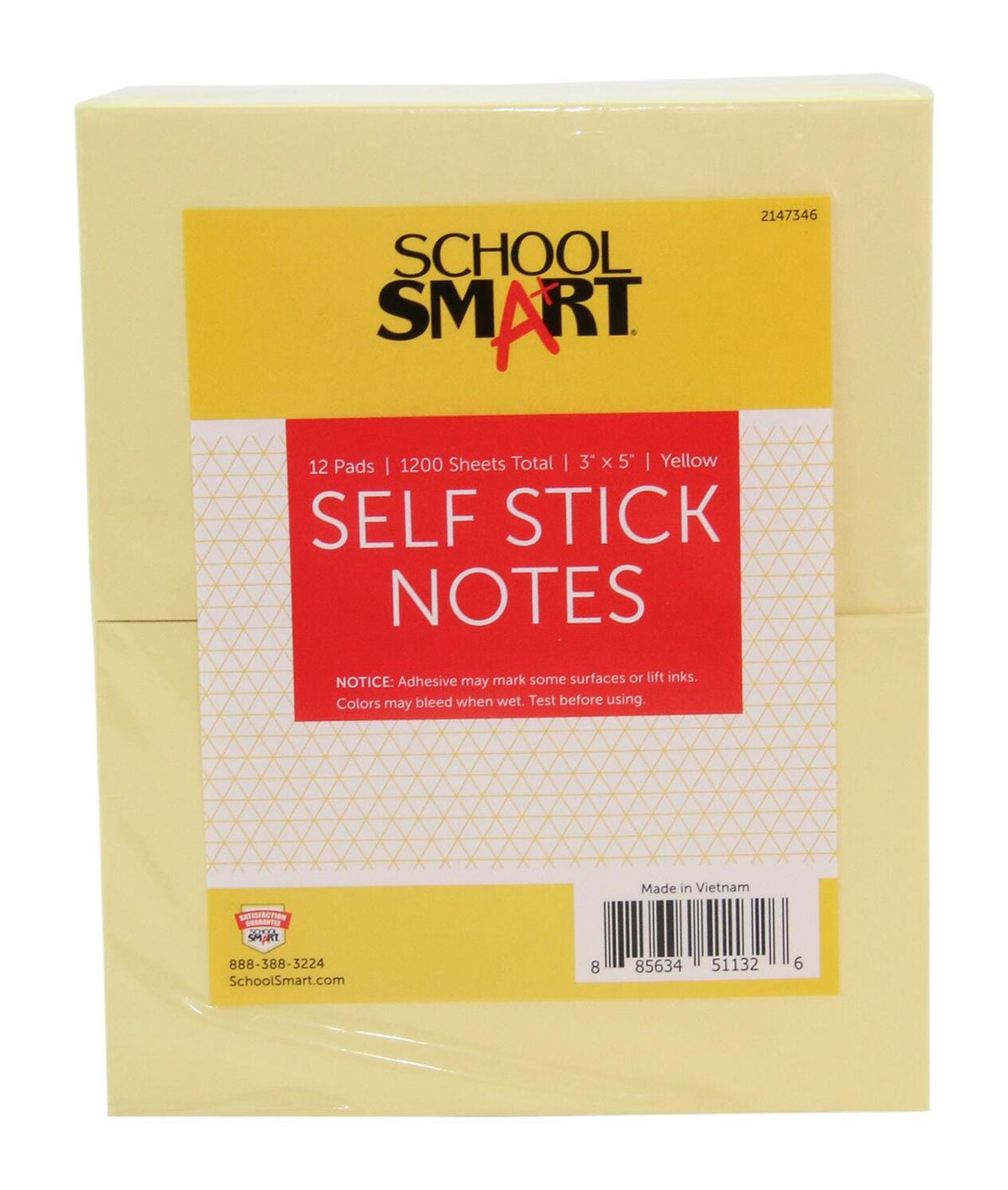 NOTES SELF STICK 3X5IN YELLOW 100 SHEET PAD PACK OF 12 - SCHOOL SMART
