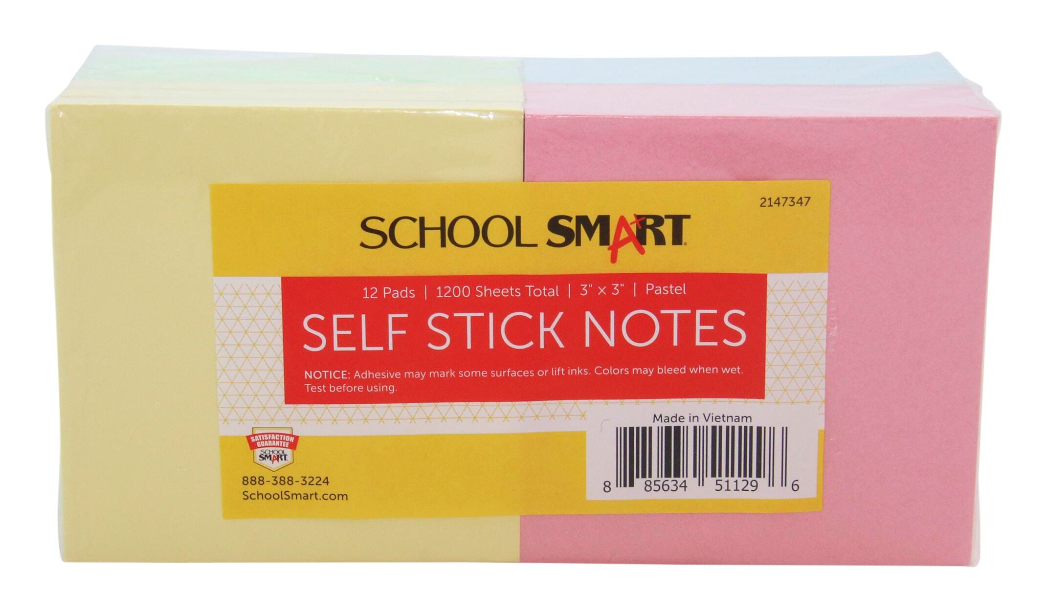NOTES SELF STICK 3X3IN ASST PASTEL 100 SHEET PAD PACK OF 12 - SCHOOL SMART