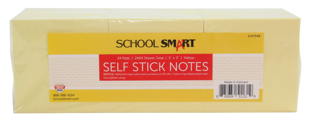 NOTES SELF STICK 3X3IN YELLOW 100 SHEET PAD PACK OF 24 - SCHOOL SMART