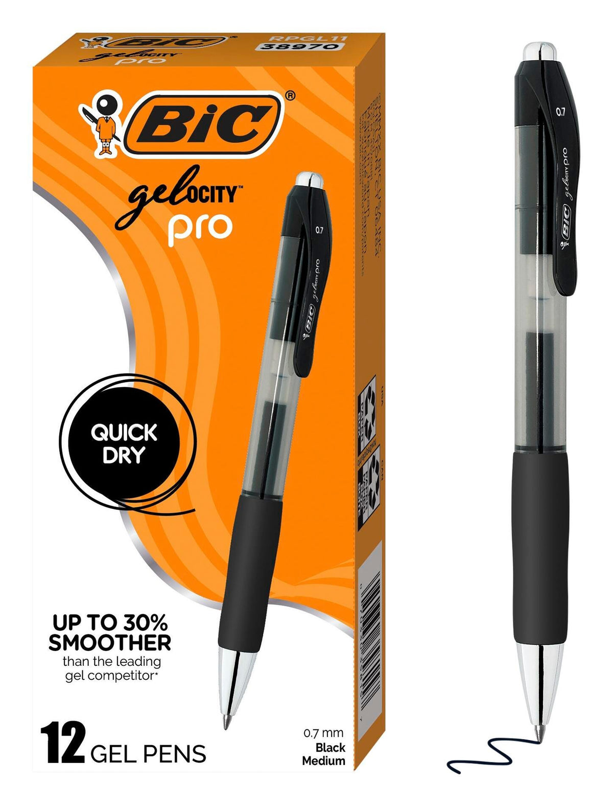 PEN BIC GEL-OCITY PRO MEDIUM POINT BLACK 0.7MM PACK OF 12