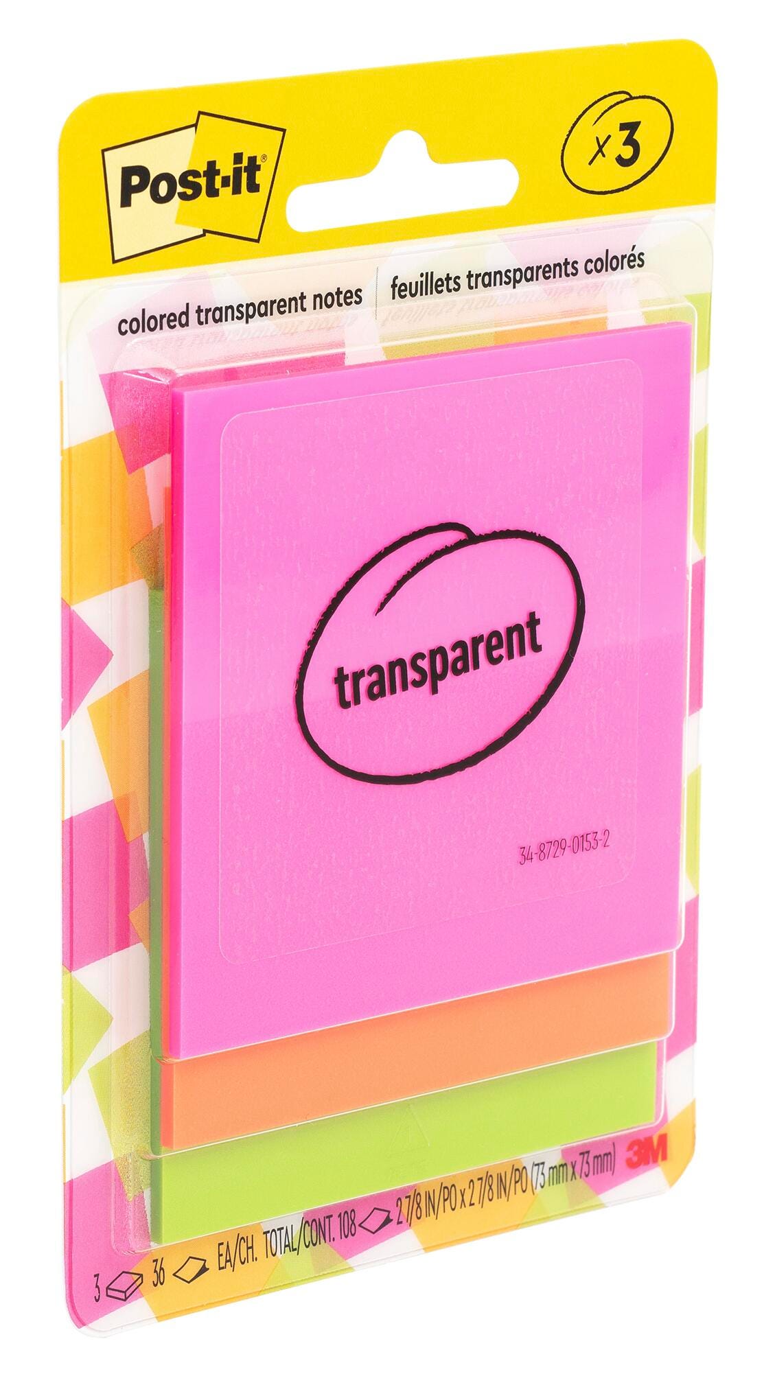 NOTES POST IT 2.8 X 2.8 IN ASST TRANSP PACK OF 3