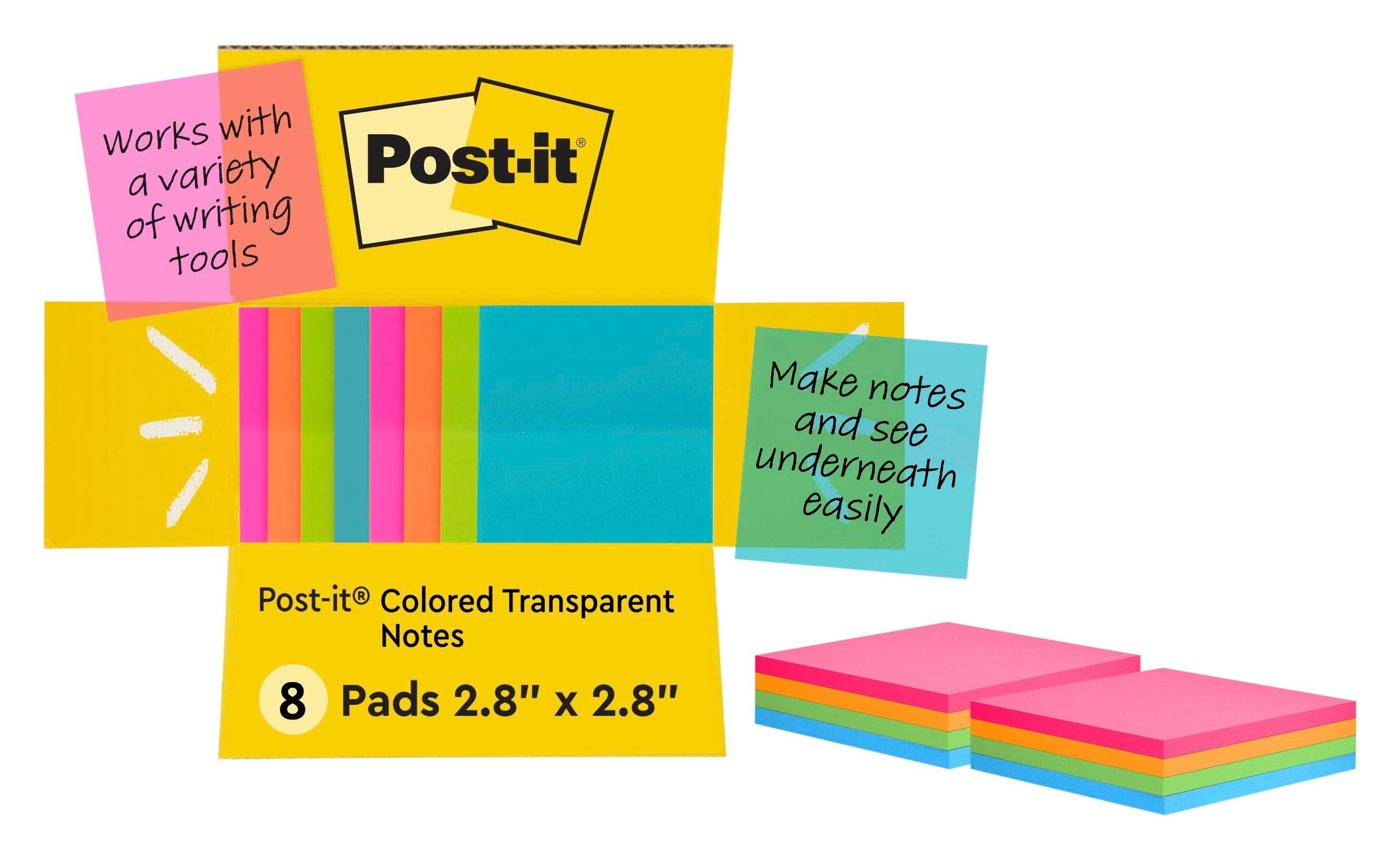 NOTES POST IT 2.8 X 2.8 IN ASST TRANSP PACK OF 8
