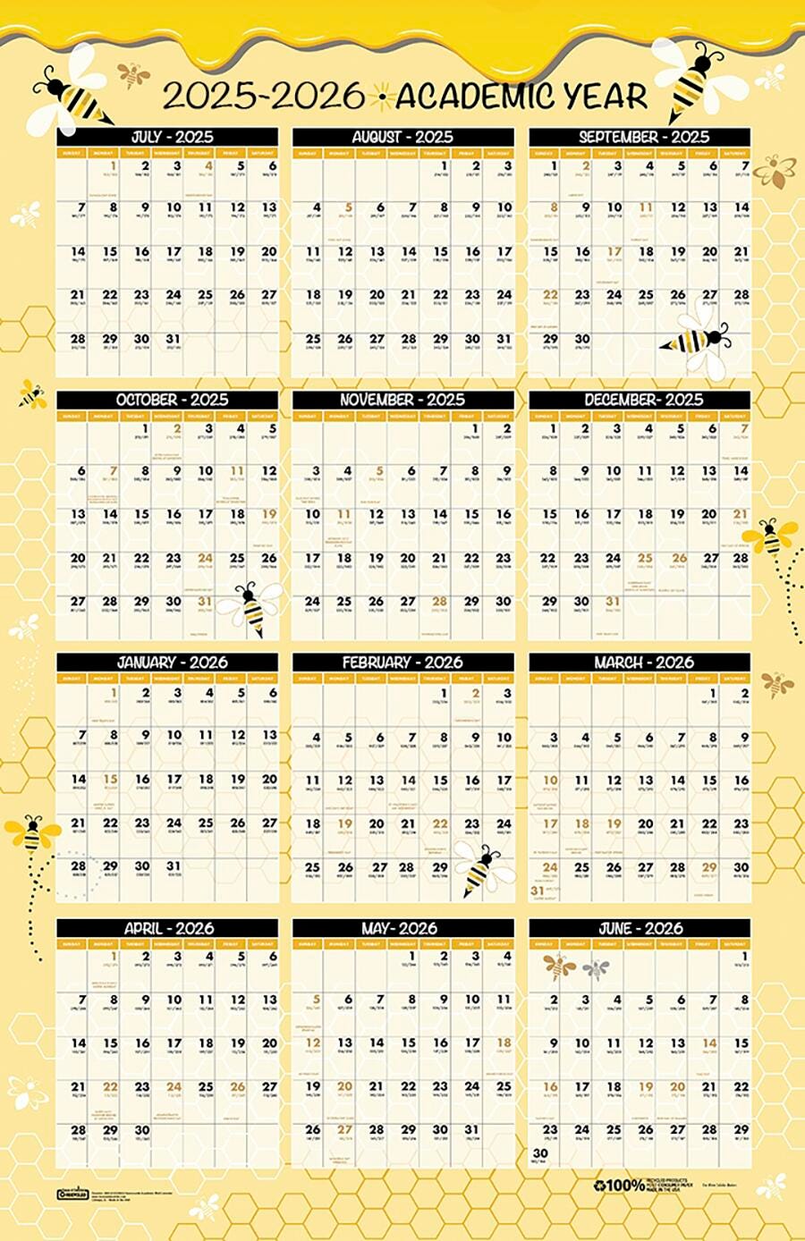 CALENDAR WALL ACADEMIC 12 MONTH 25X37 IN HONEYCOMB JULY25-JUNE26