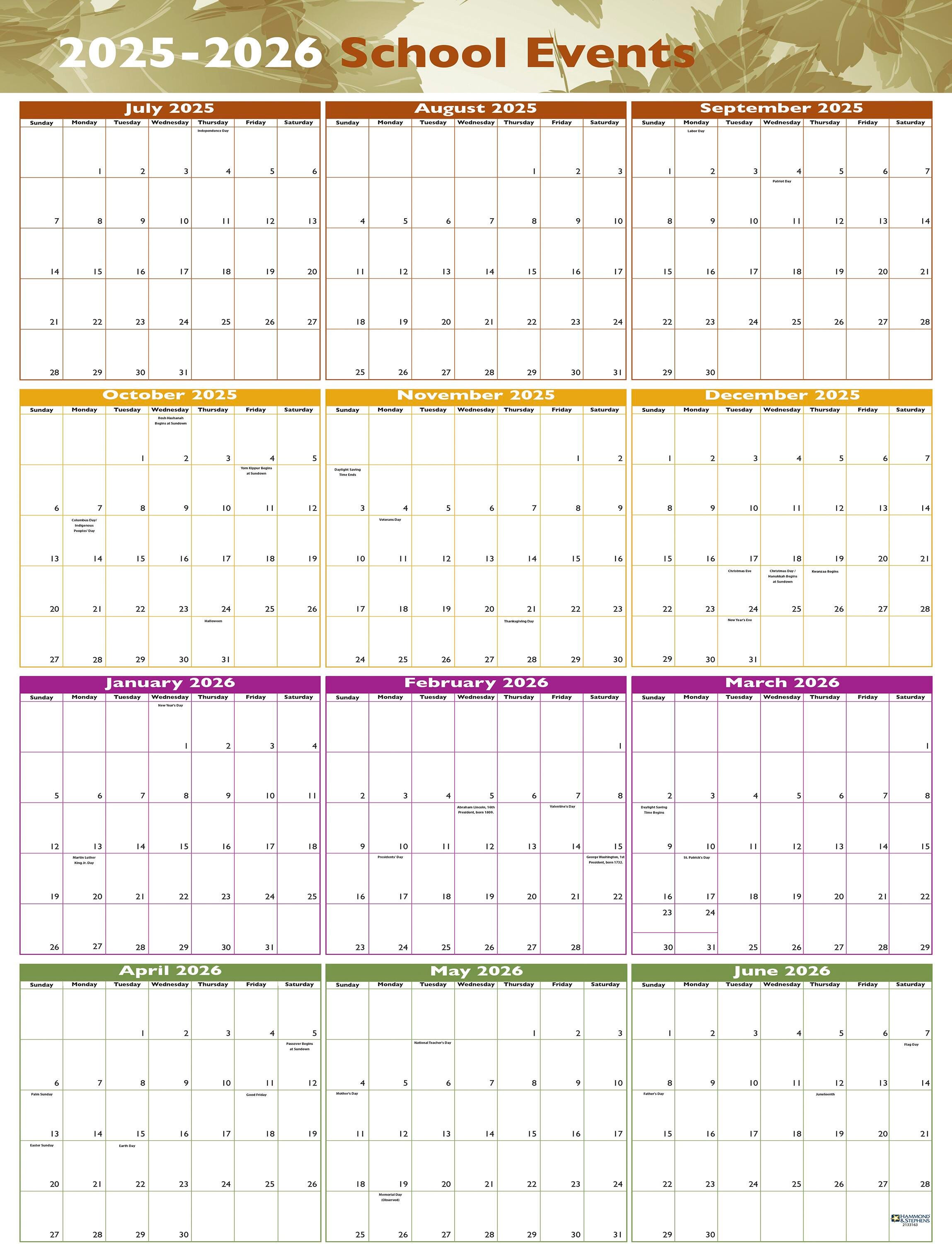 CALENDAR SCHOOL EVENTS 12 MONTH 25.5X38 IN H AND S PACK OF 5 JULY25-JUNE26
