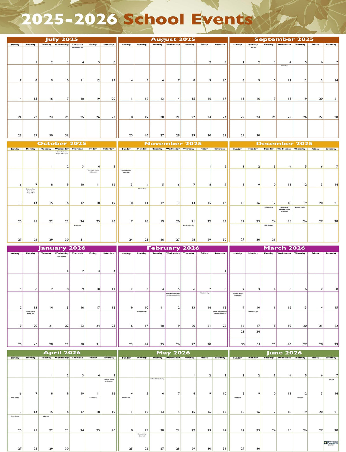 CALENDAR SCHOOL EVENTS 12 MONTH 25.5X38 IN H AND S PACK OF 5 JULY25-JUNE26