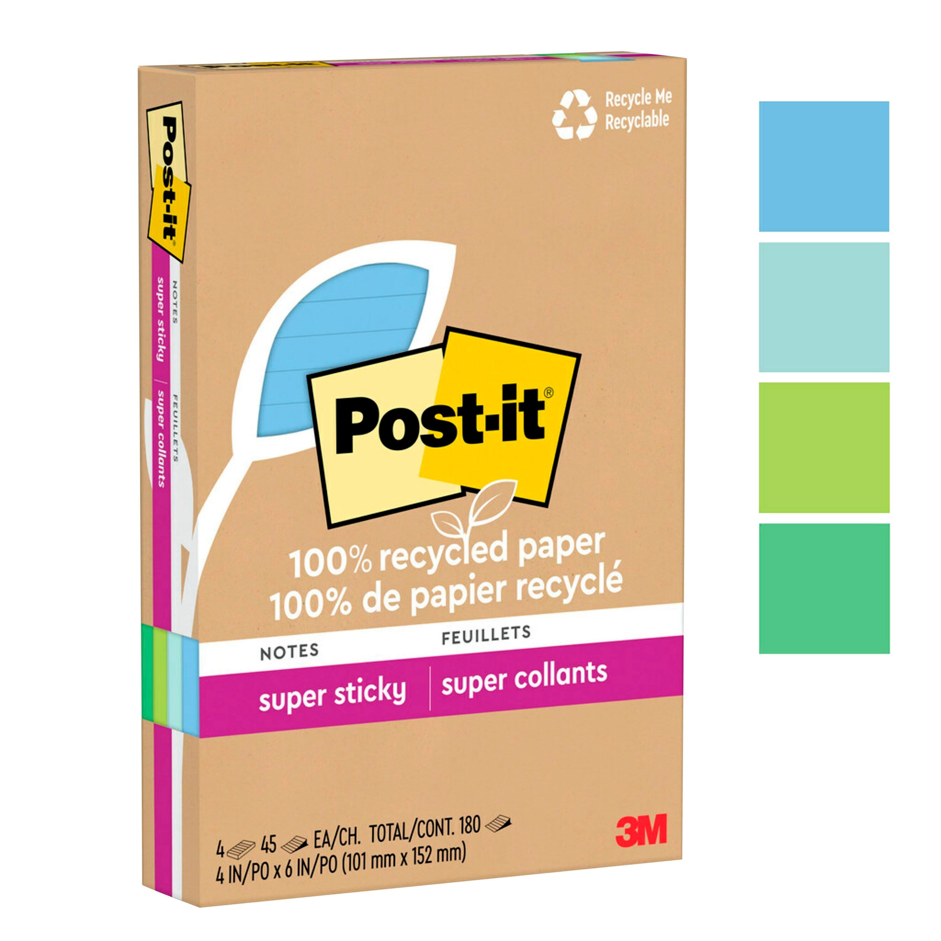 POST-IT NOTE SPR STKY RECYCLED 45SHTS 4X6 OASIS PK OF 4