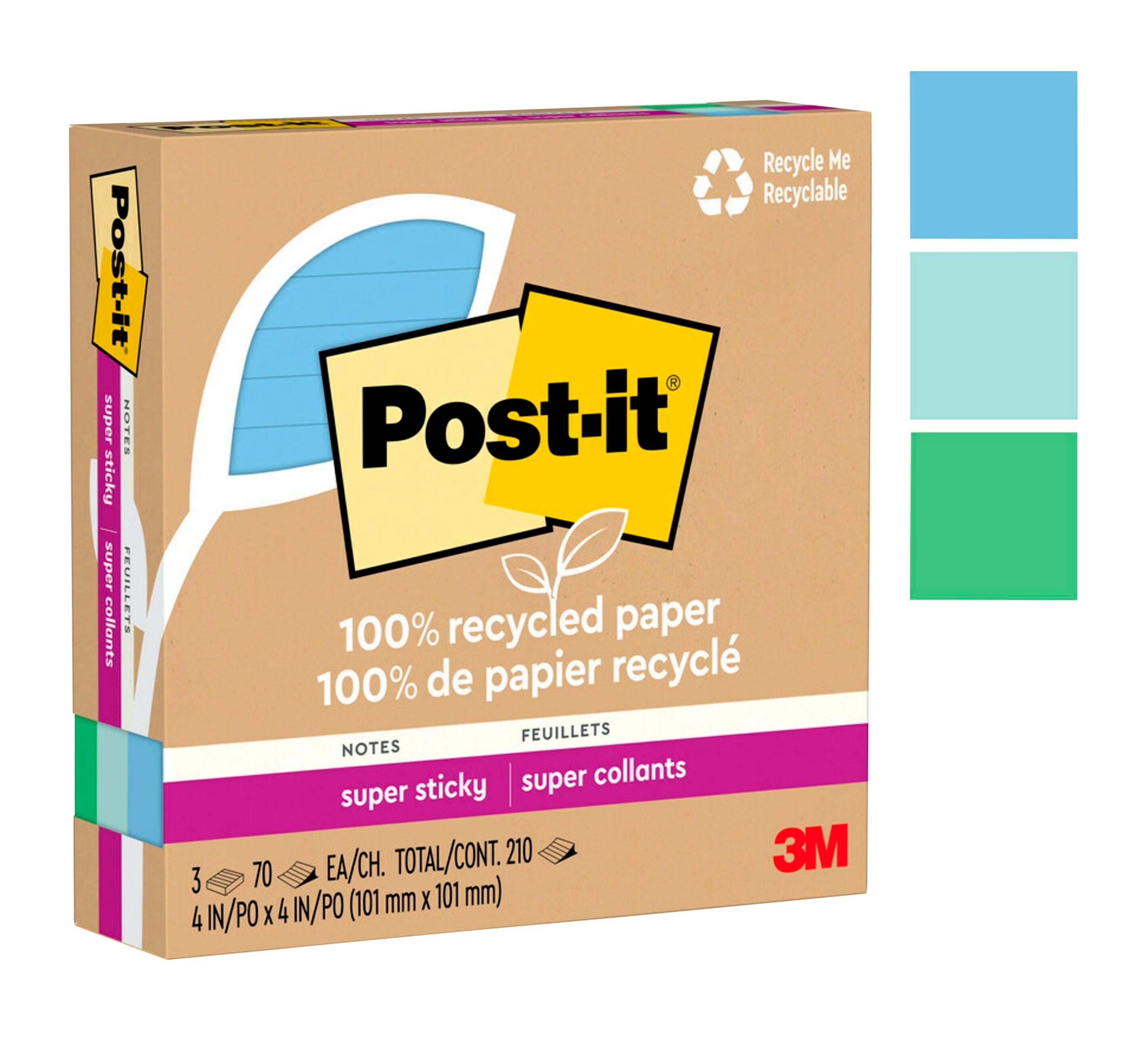 POST-IT NOTE SPR STKY RECYCLED 70SHTS 4X4 OASIS PK OF 3