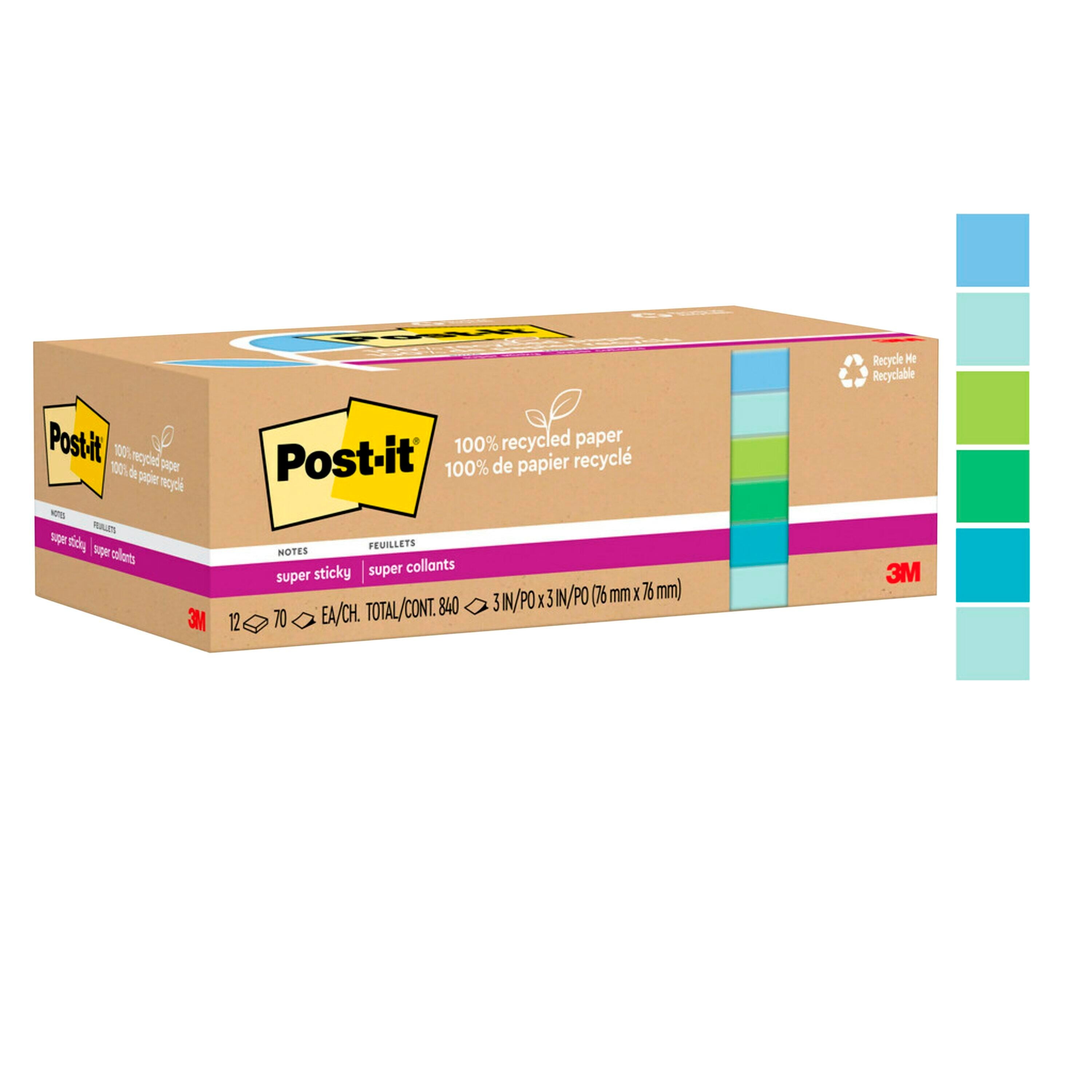 POST-IT NOTE SPR STKY RECYCLED 70SHTS 3X3 OASIS PK OF 12