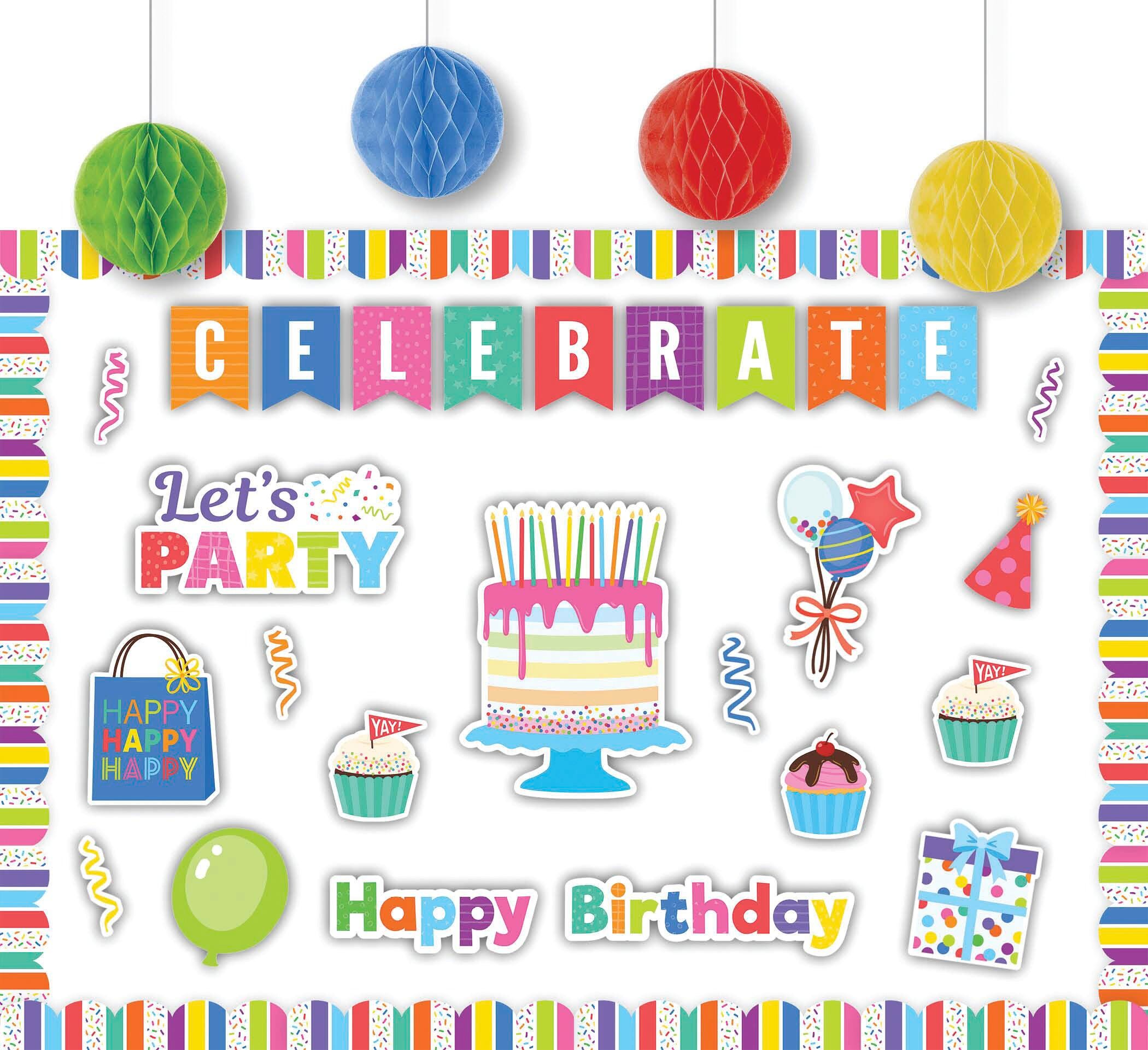 BULLETIN BOARDS - TEACHER CREATED RESOURCES - COLORFUL HAPPY BIRTHDAY CREATE AND DECORATE QUICK KIT