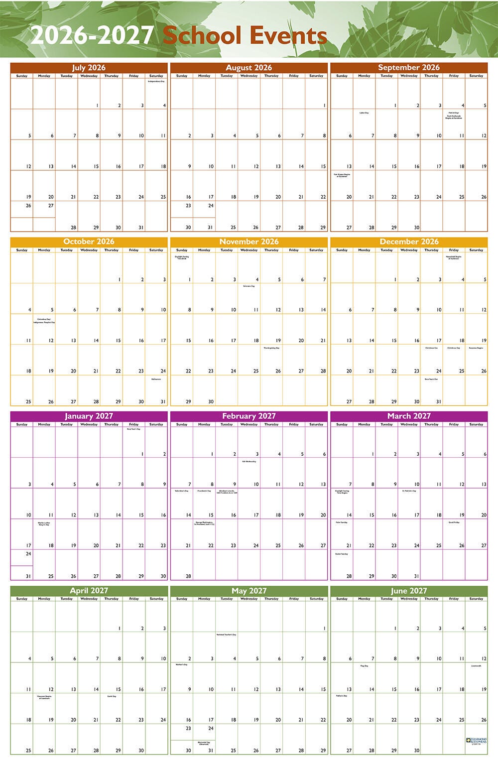 CALENDAR SCHOOL EVENTS 12 MONTH 25.5X38 IN H AND S PACK OF 5 JULY26-JUNE27