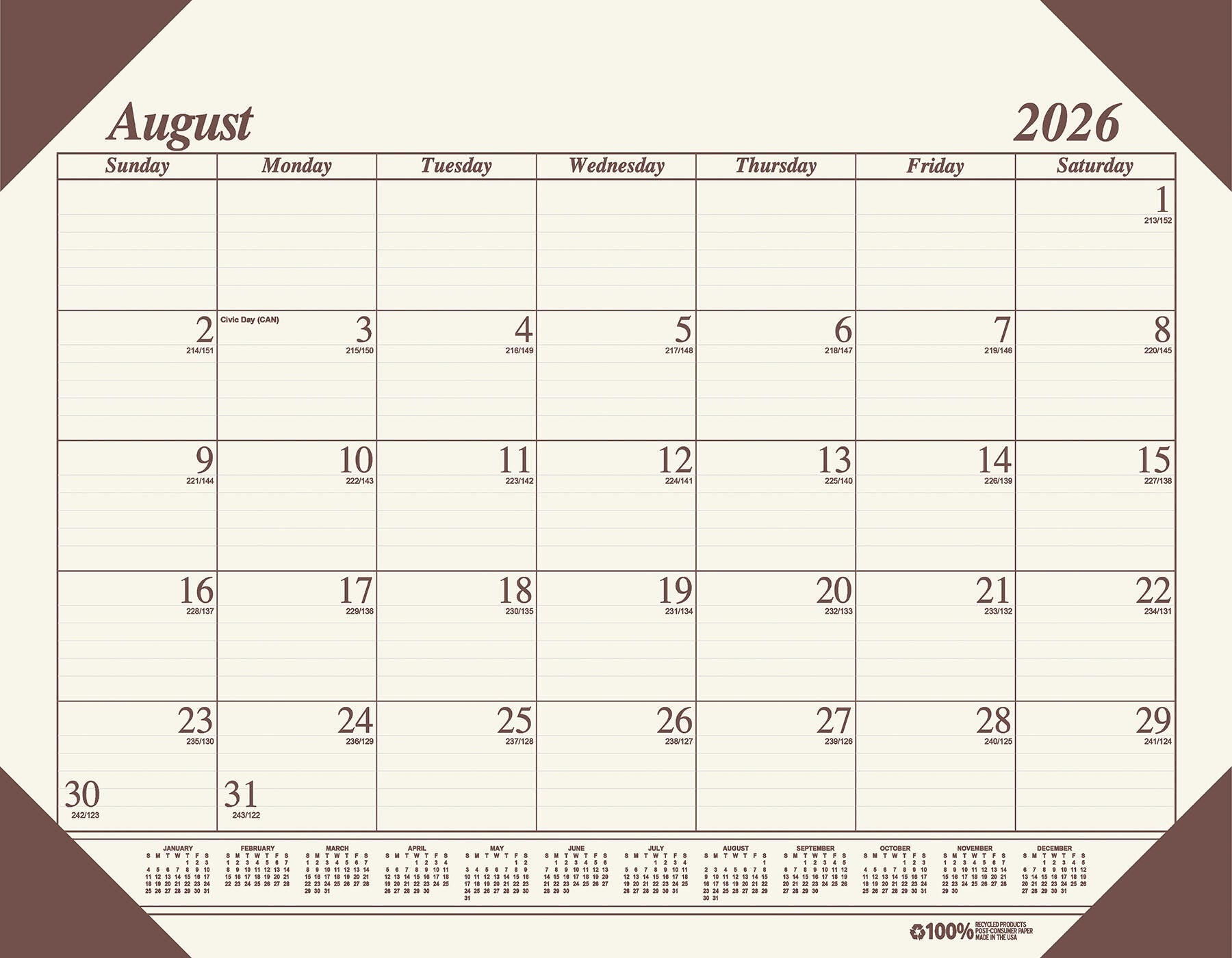 CALENDAR ACADEMIC 12 MONTH 18.5X13 IN ECO CREAM AUG26-JULY27
