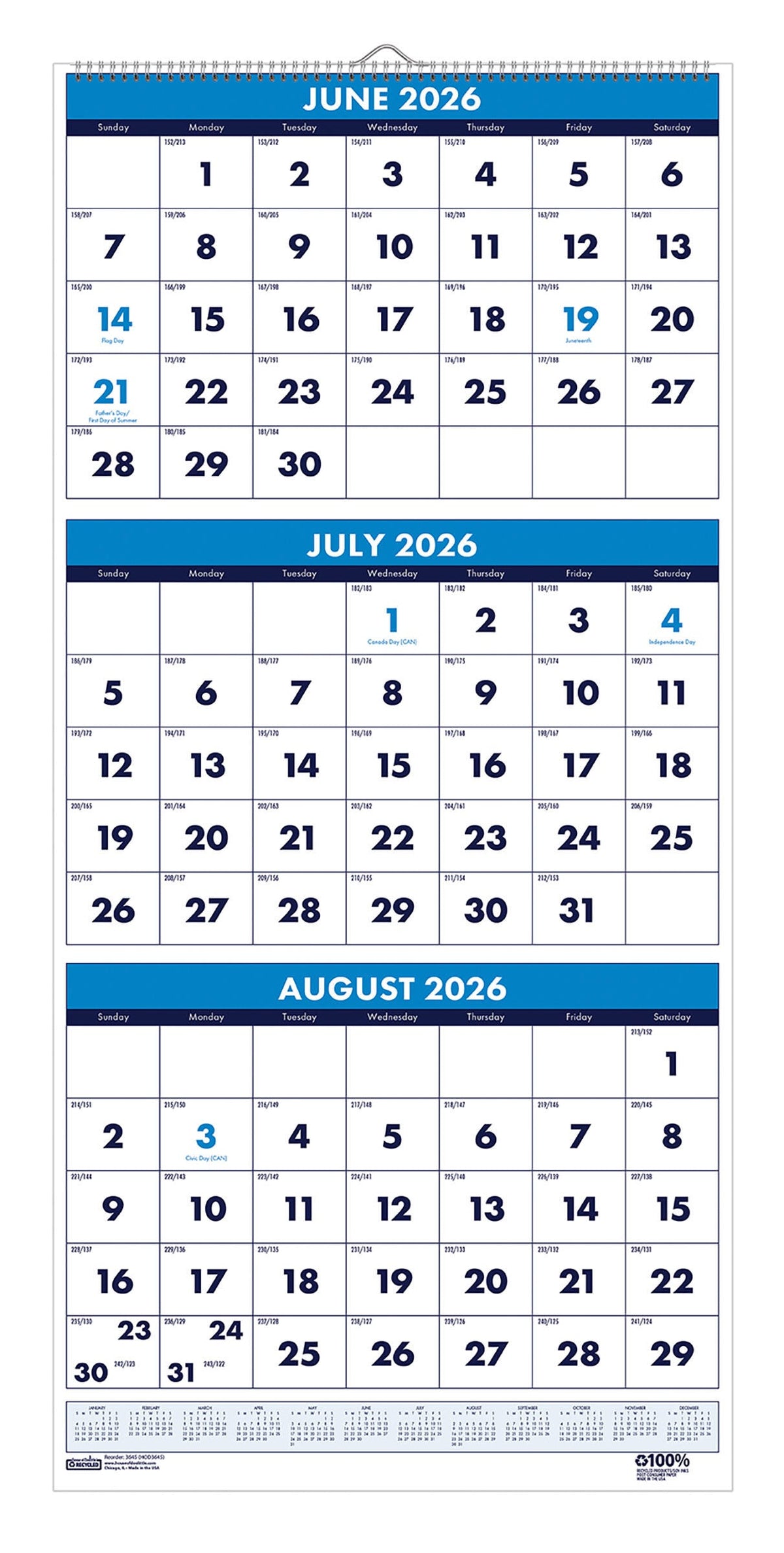 CALENDAR WALL ACADEMIC 14 MONTH 8X17 IN VERTICAL JUNE26-JULY27