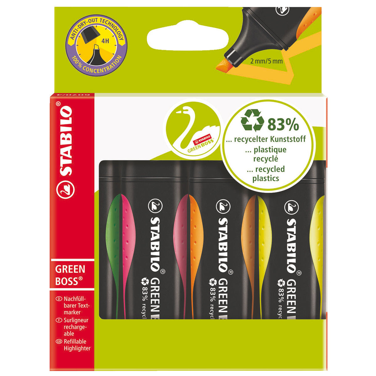 Highlighter Stabilo Green Asstd Pk4