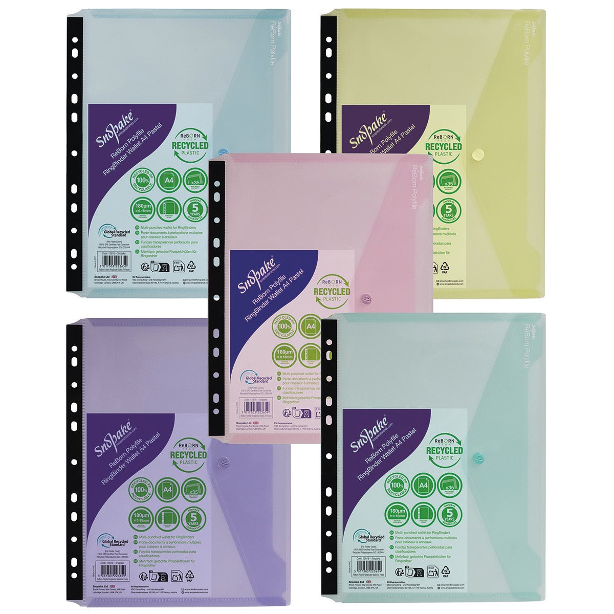 Reborn [100% Recycled] A4 Polyfile Ringbinder Popper Wallet With Stud Closure _x001a_ Pastel Pack of 5
