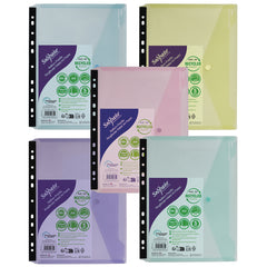 Reborn [100% Recycled] A4 Polyfile Ringbinder Popper Wallet With Stud Closure _x001a_ Pastel Pack of 5