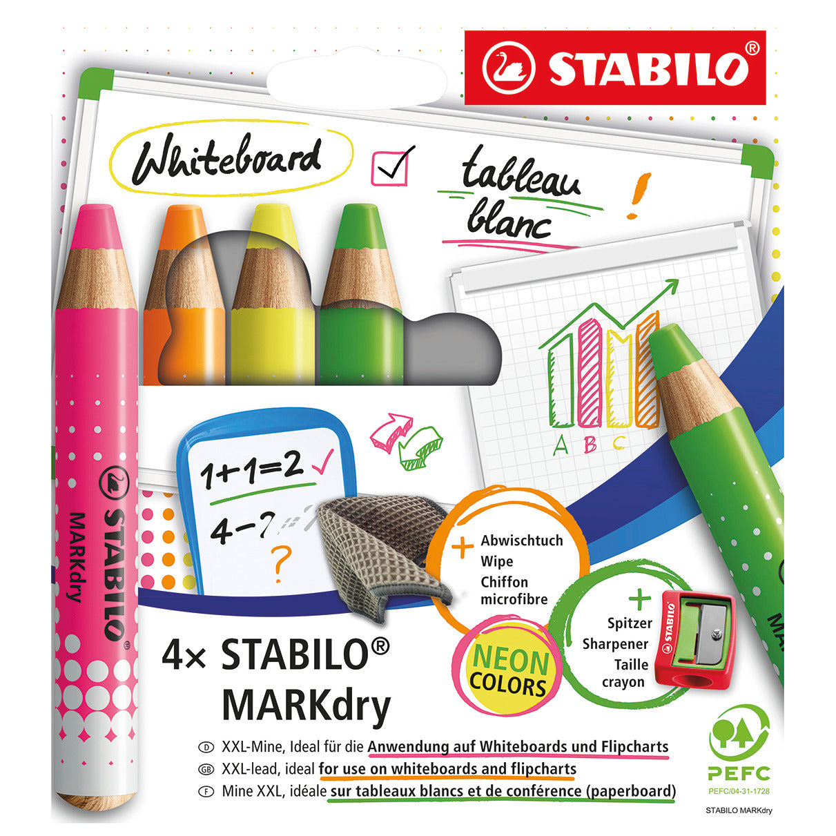 Stabilo Markdry Neon Wallet of 4 Assorted Colours + Cloth & Sharpener