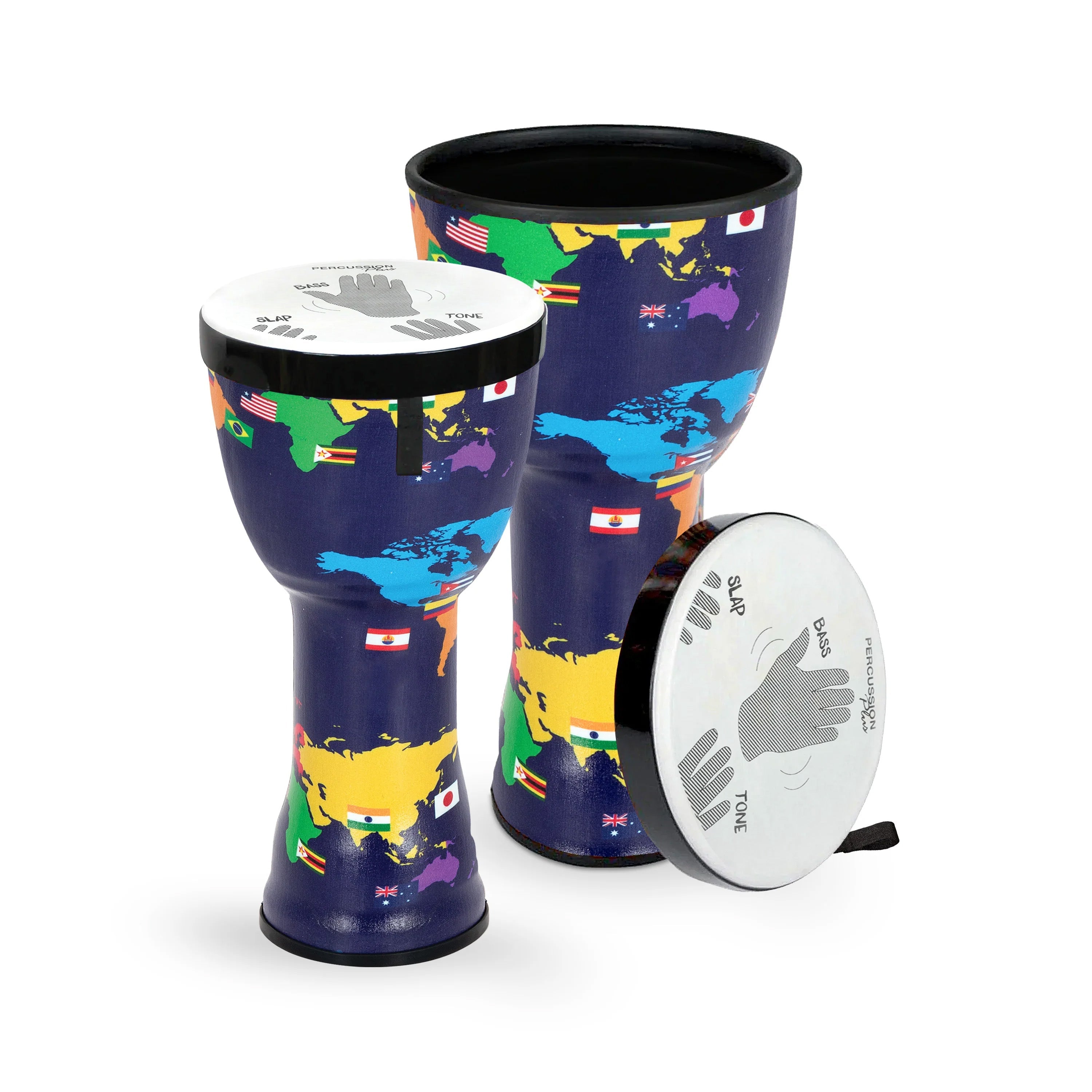 Percussion Plus 10″ and 12″ nesting djembes set of 2 with bags – With Slap graphics