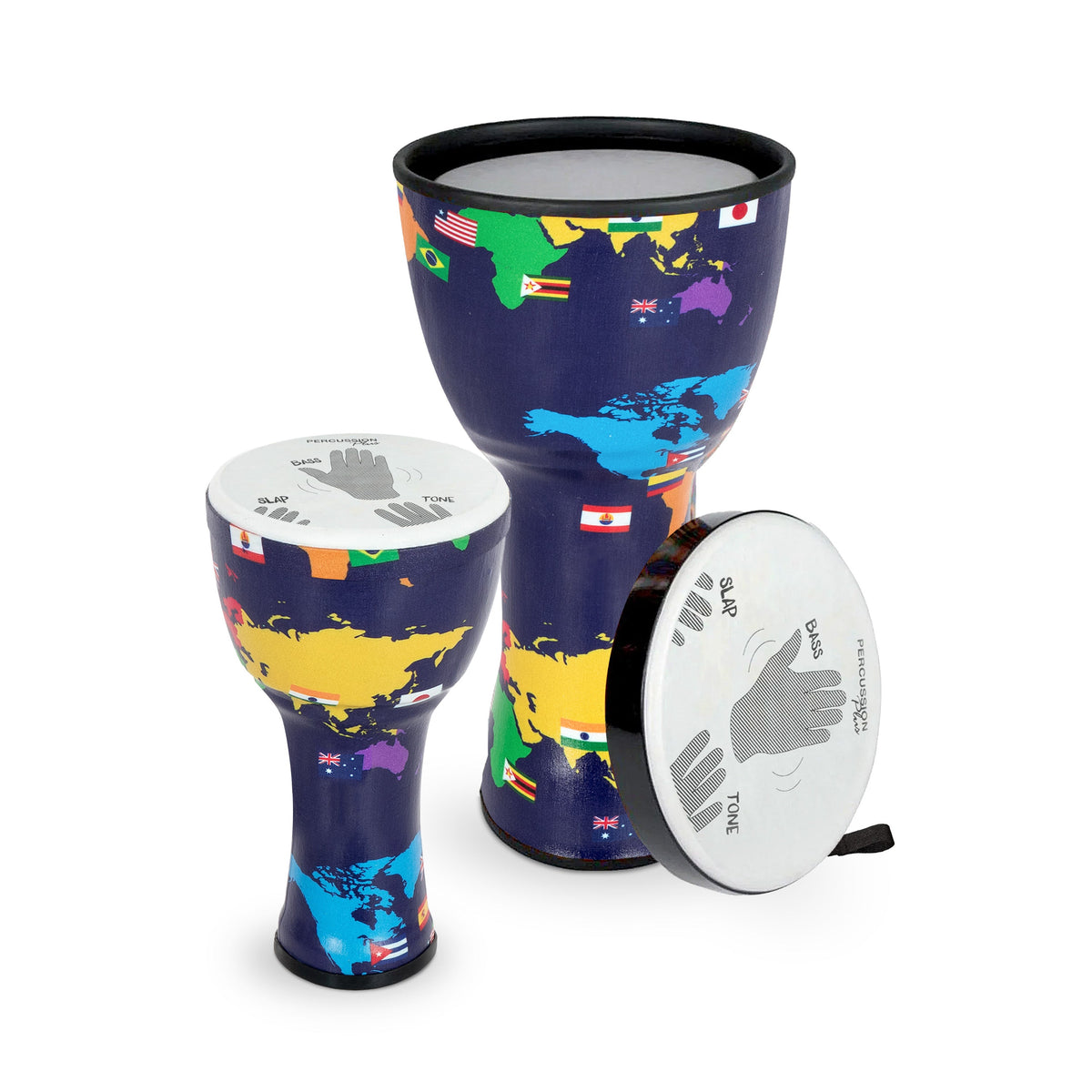 Percussion Plus 8″, 10″ and 12″ nesting djembes set of 3 with bags – With Slap graphics