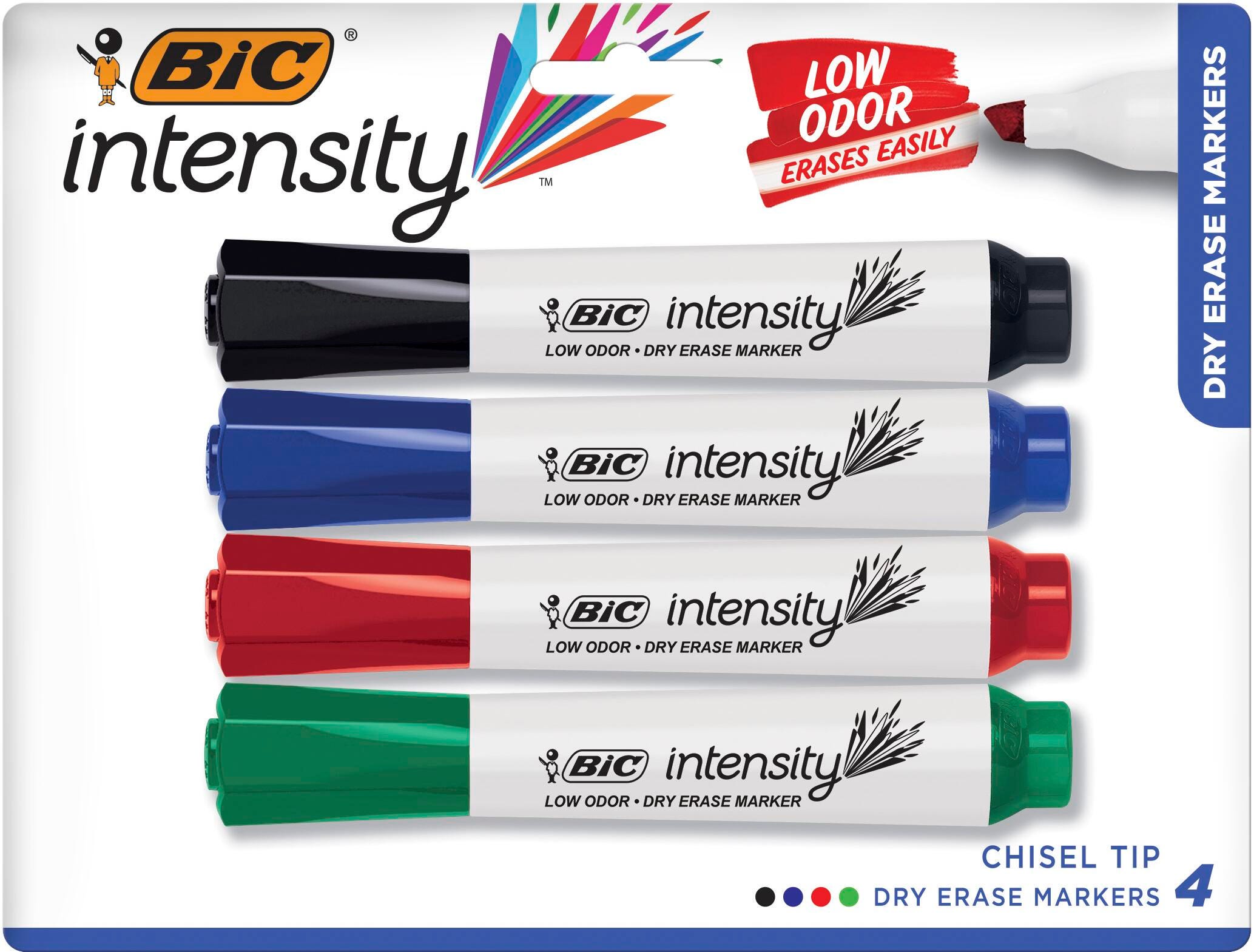 MARKER DRY ERASE BIC LOW ODOR BULLET/CHISEL ASST SET OF 4