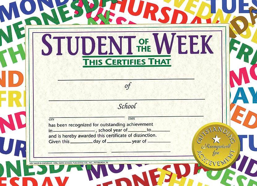 CERTIFICATES 8 1/2X11 STUDENT OF THE WEEK SET OF 30