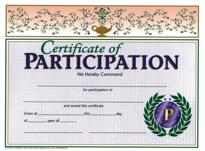 CERTIFICATES 8 1/2X11 PARTICIPATION SET OF 30
