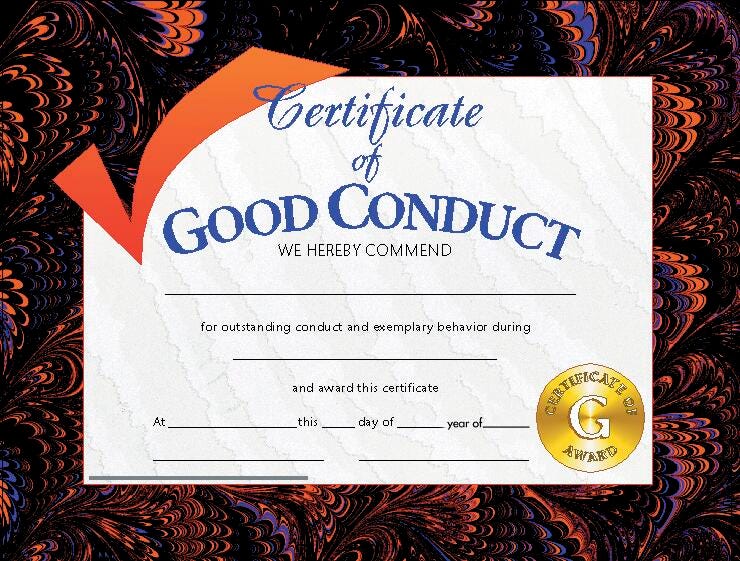 CERTIFICATES 8 1/2X11 GOOD CONDUCT SET OF 30