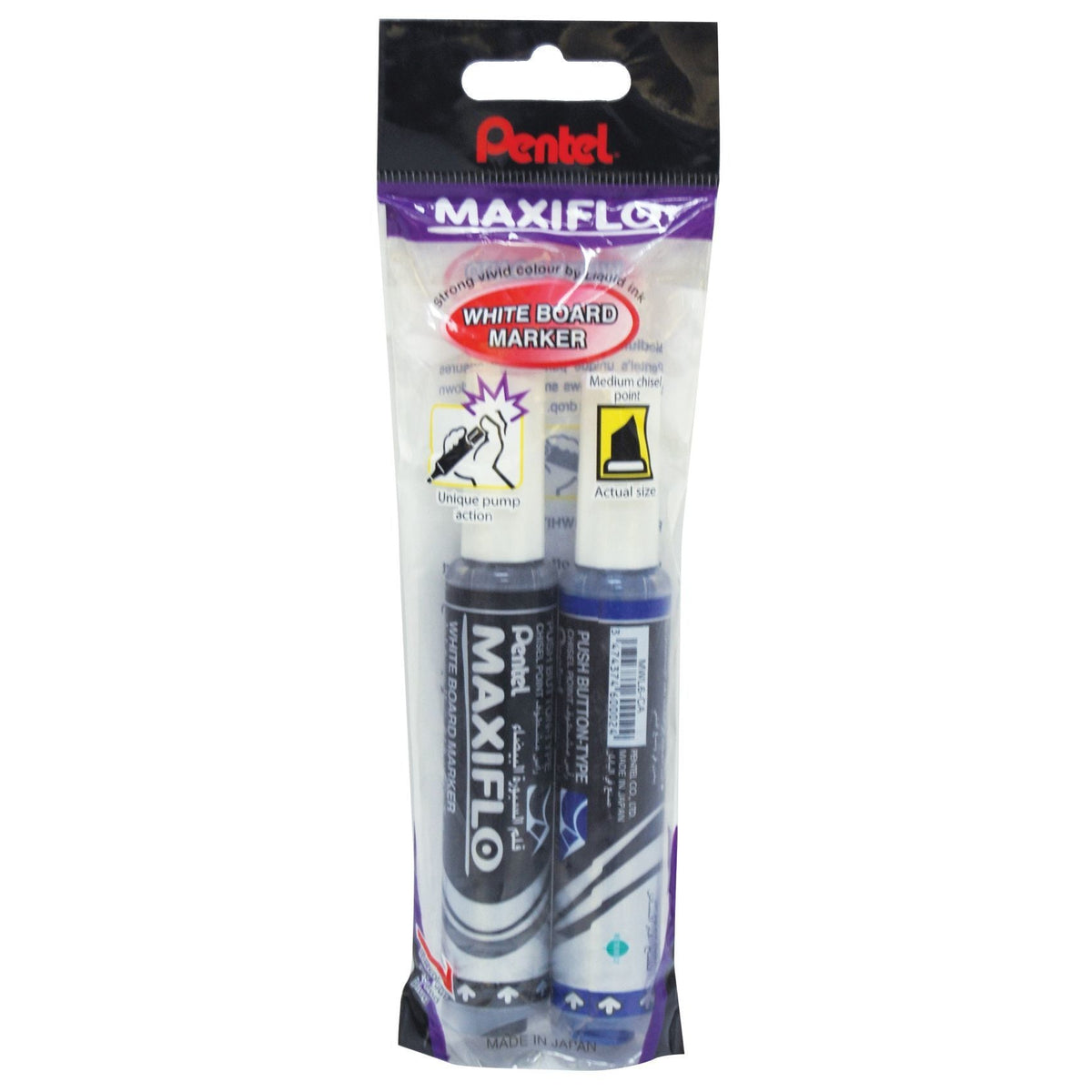 Pentel Maxiflo Whiteboard Marker Chisel Black and Blue PE-MWL6-02AC
