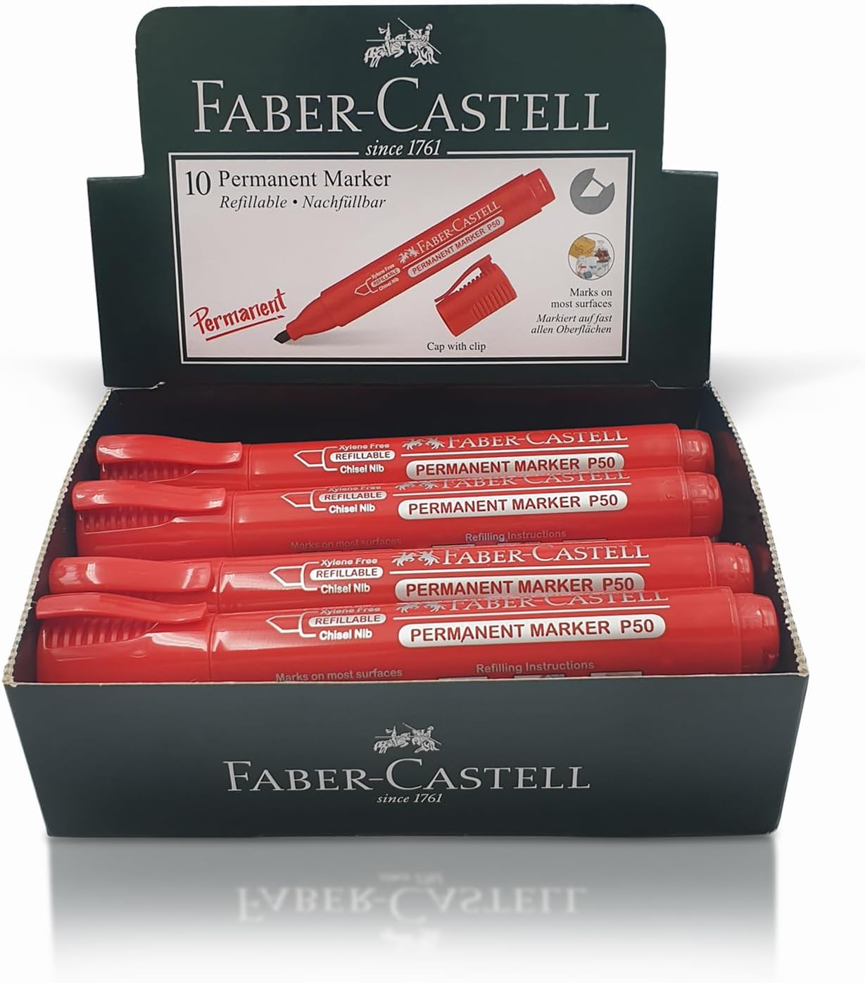 FABER CASTELL PERMANENT MARKER CHISEL BOX OF 10PC RED