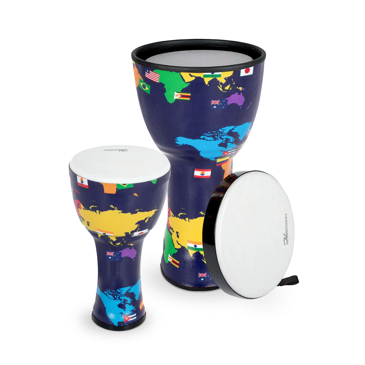 Percussion Plus 8″, 10″ and 12″ nesting djembes set of 3 with bags – Without Slap graphics