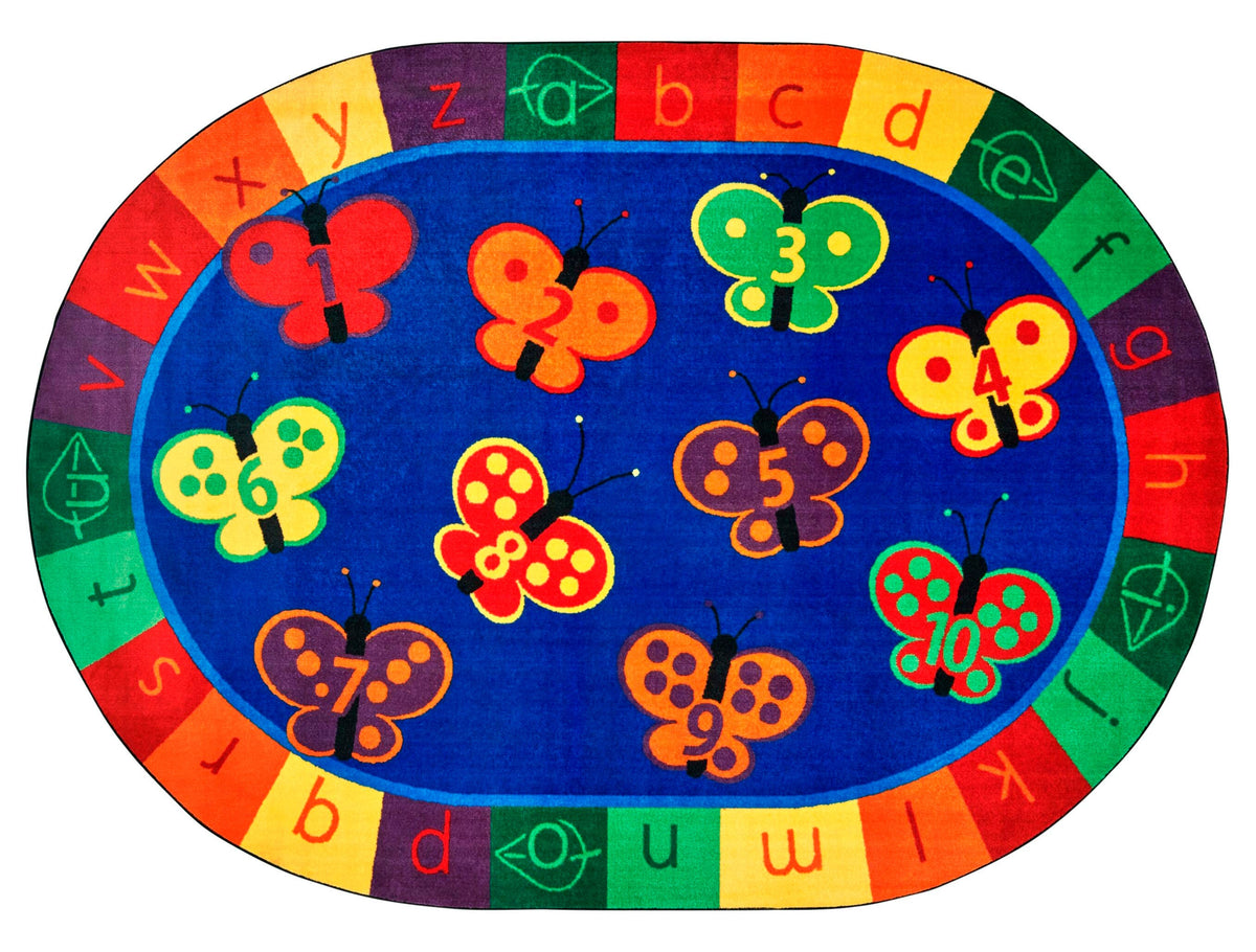 CARPETS FOR KIDS - KIDSOFT 123 ABC BUTTERFLY FUN - OVAL - 3 FT 10 IN X 5 FT 5 IN - SPECIFY CARPET COLOR